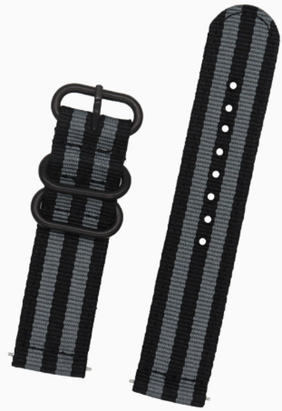 Black and gray striped nylon quick-release watch strap, 20mm, with black hardware rings
