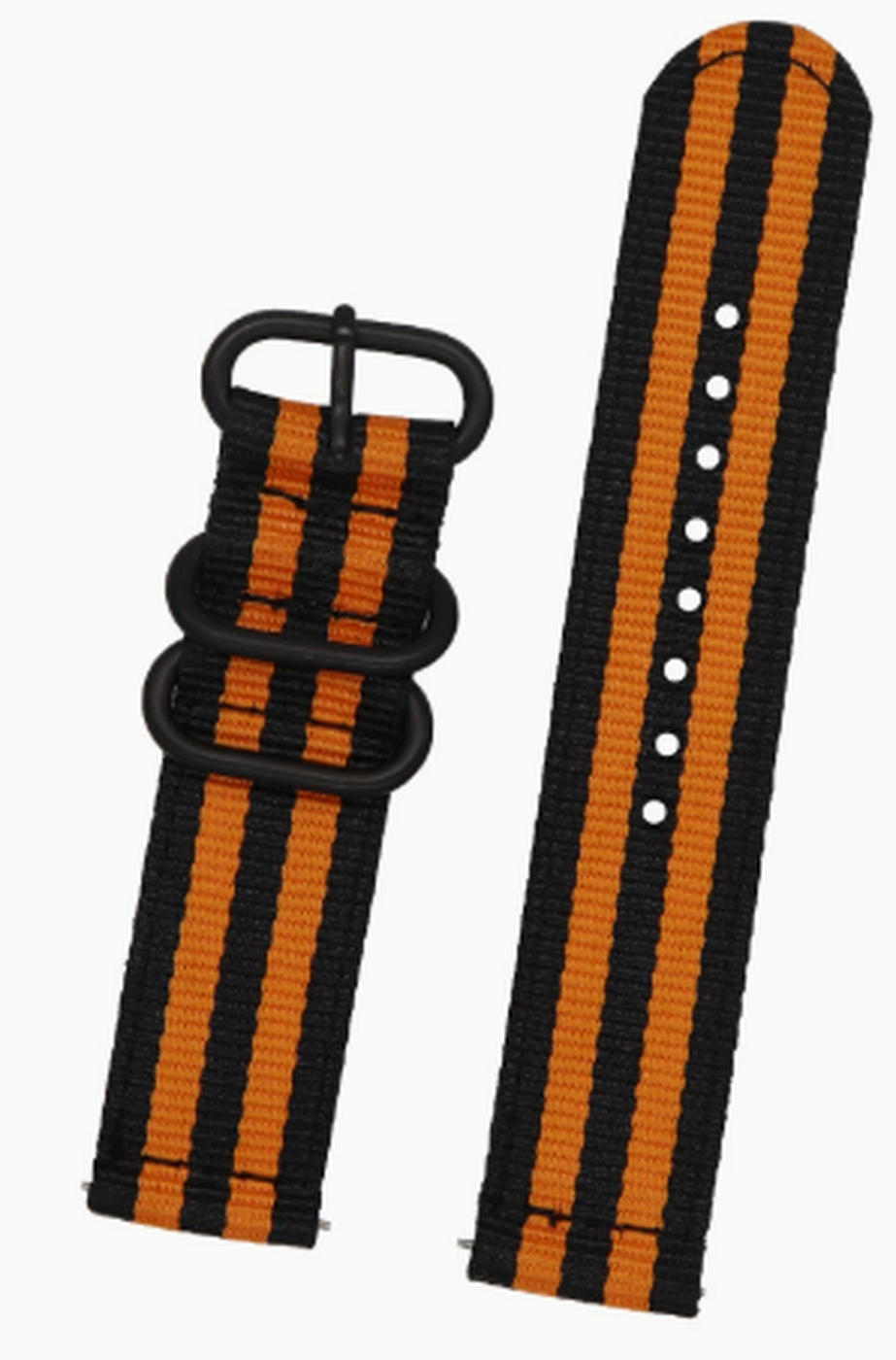 Black and orange striped nylon quick-release watch strap, 20mm, with black hardware rings