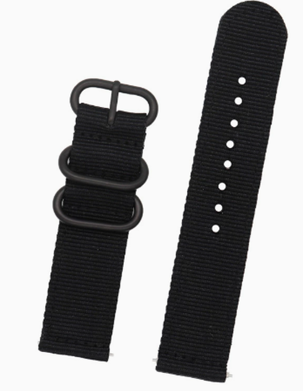 Black nylon quick-release watch strap, 20mm, with black hardware rings