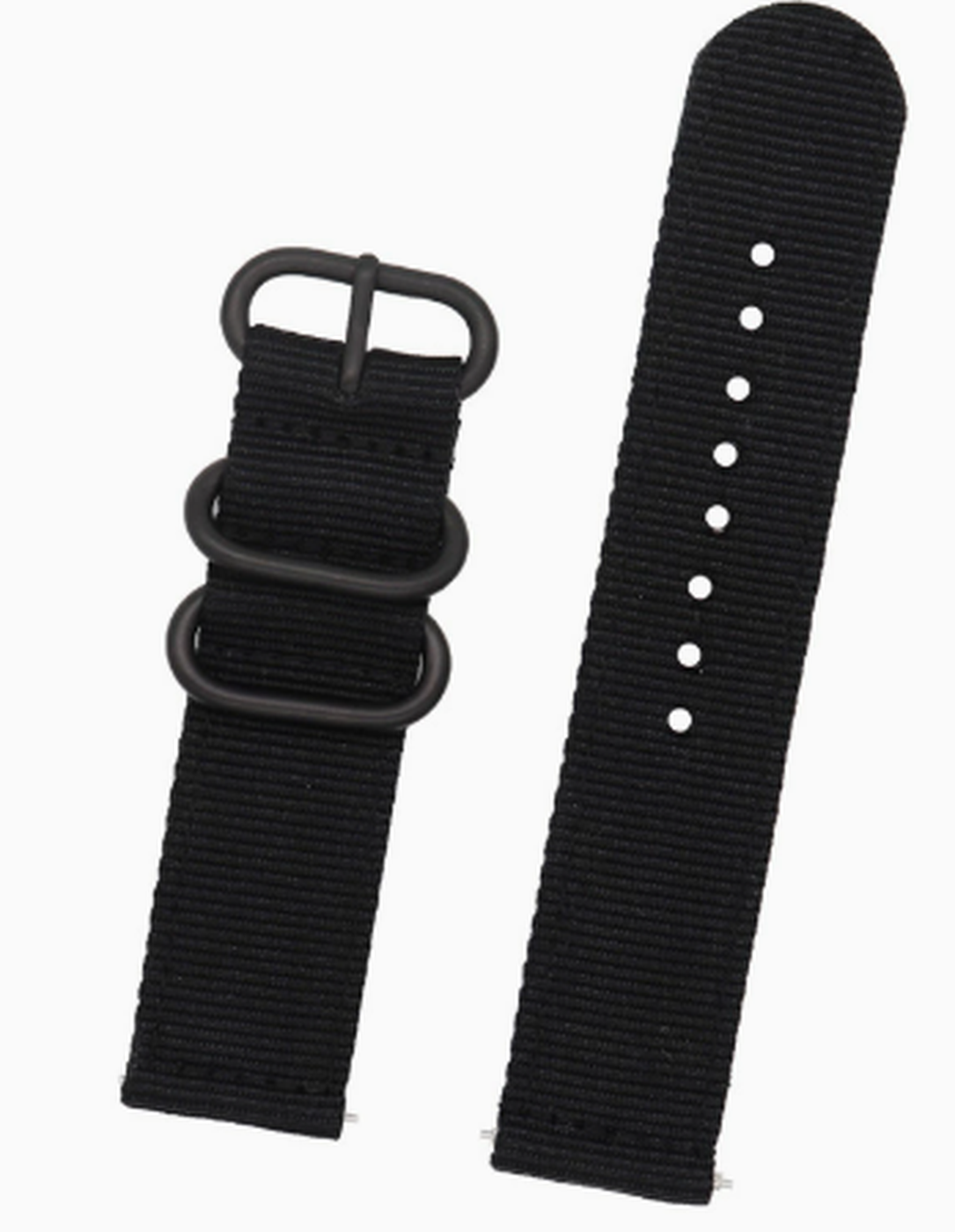 Black nylon quick-release watch strap, 20mm, with black hardware rings