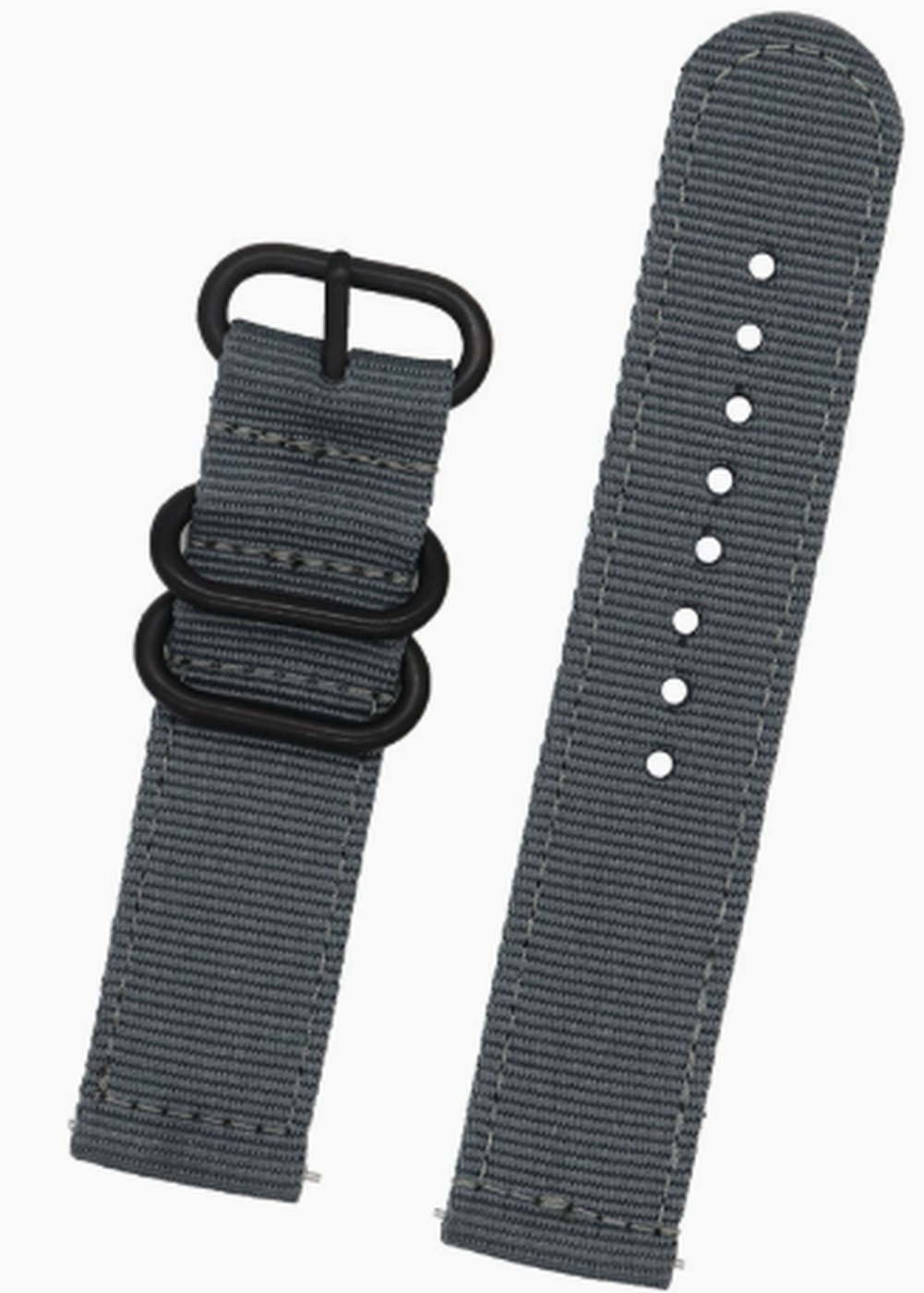 Gray nylon quick-release watch strap, 20mm, with black hardware rings