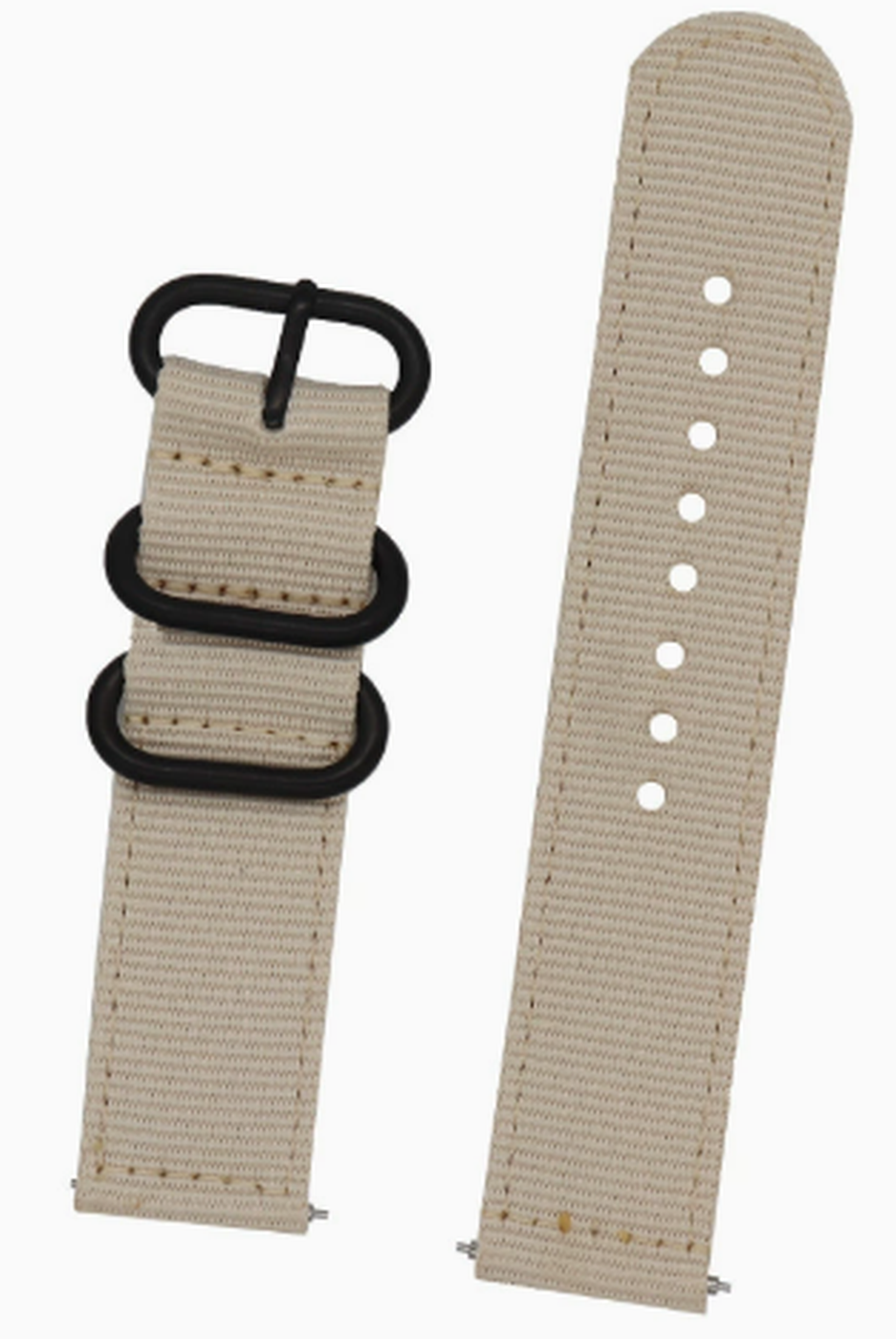 Khaki nylon quick-release watch strap, 20mm, with black hardware rings