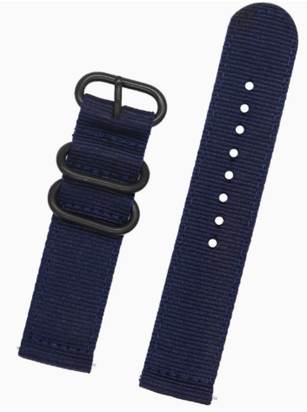 Navy blue nylon quick-release watch strap, 20mm, with black hardware rings