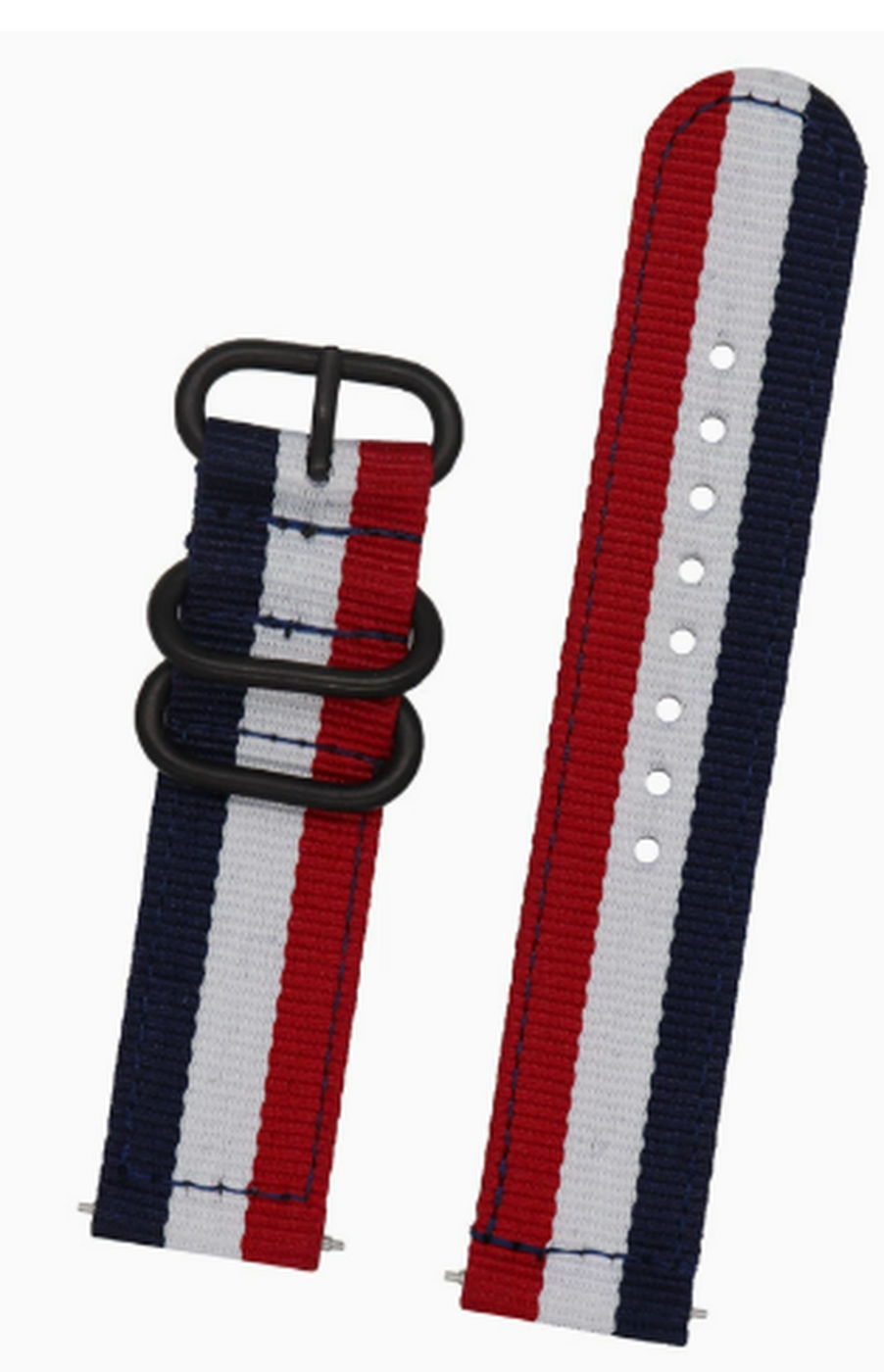 Navy, red and white striped nylon quick-release watch strap, 20mm, with black hardware rings