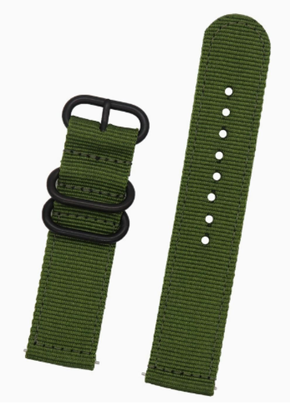 Olive green nylon quick-release watch strap, 20mm, with black hardware rings