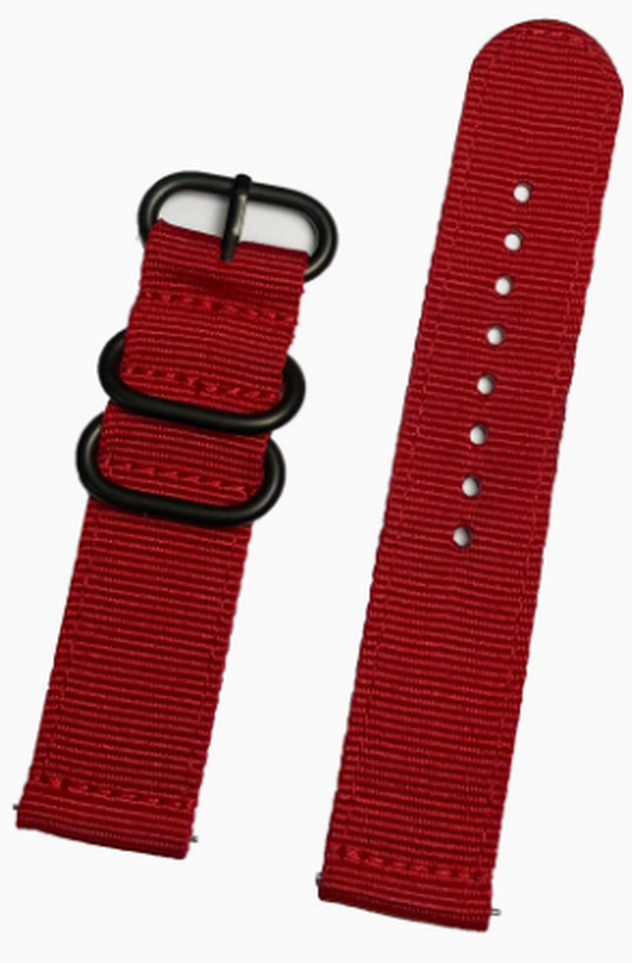 Red nylon quick-release watch strap, 20mm, with black hardware rings