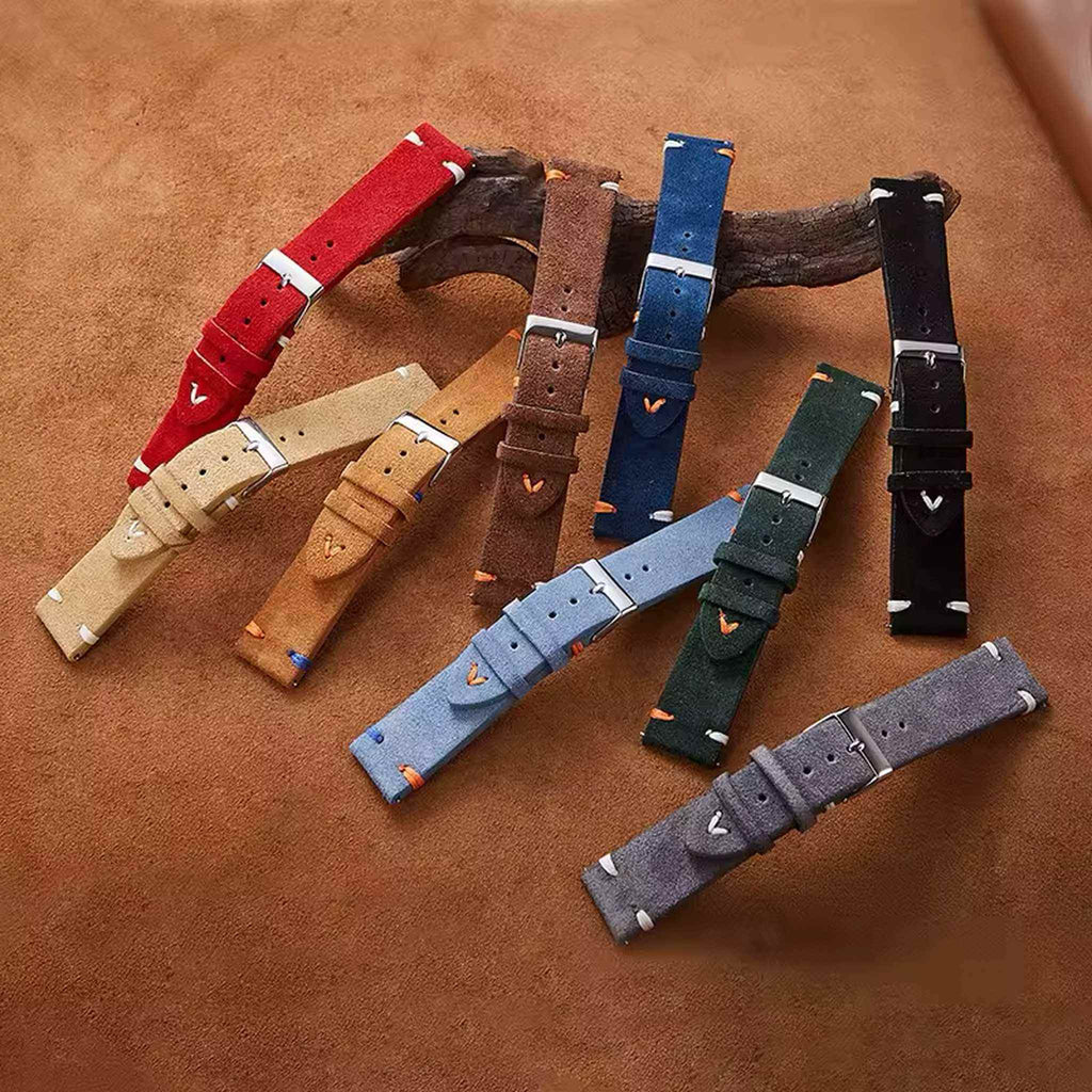 Tan Aibangjia suede leather quick-release watch strap with stainless steel pin buckle