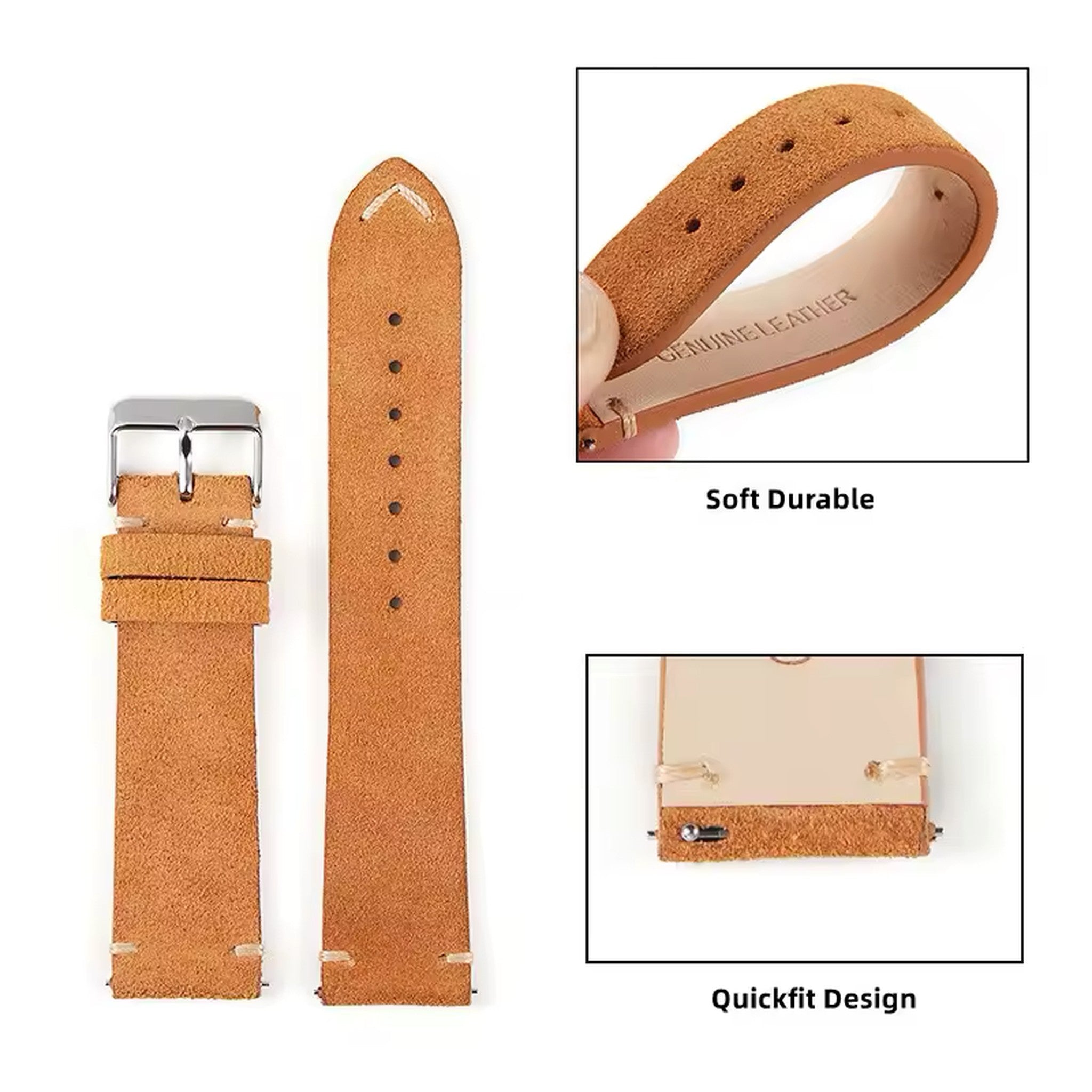 Tan Aibangjia suede leather quick-release strap showing flexible construction