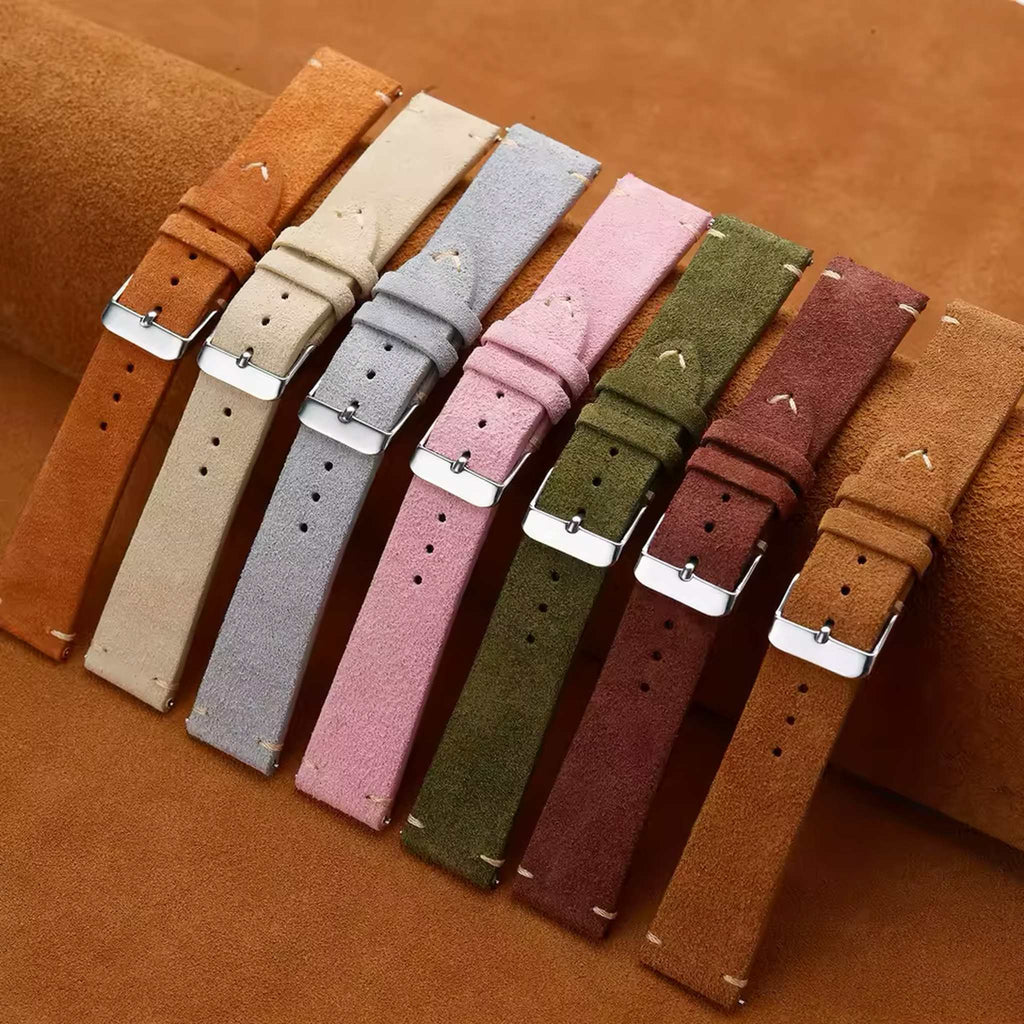 Aibangjia suede leather quick-release watch straps arranged by color