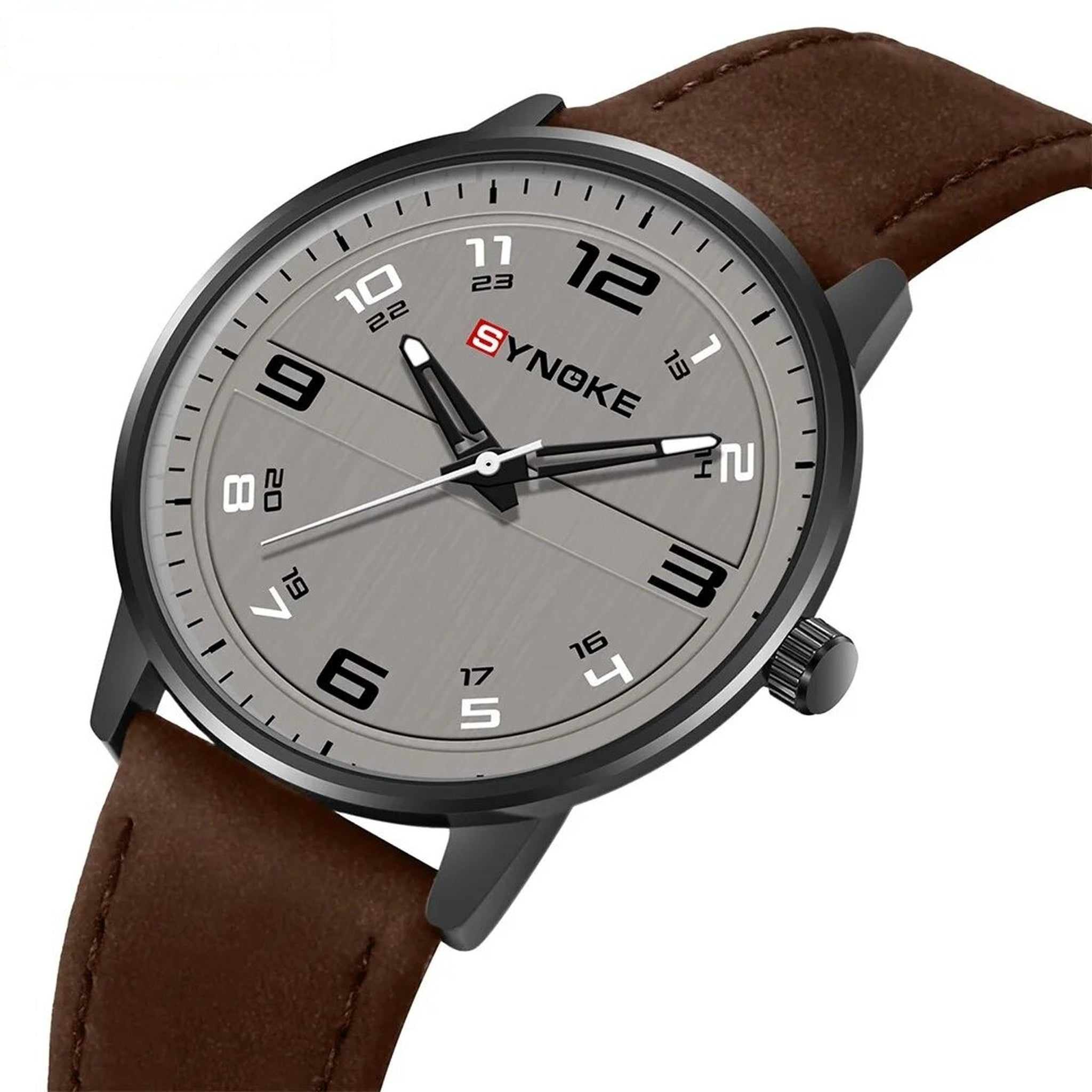 SYNOKE retro quartz watch with brown leather strap