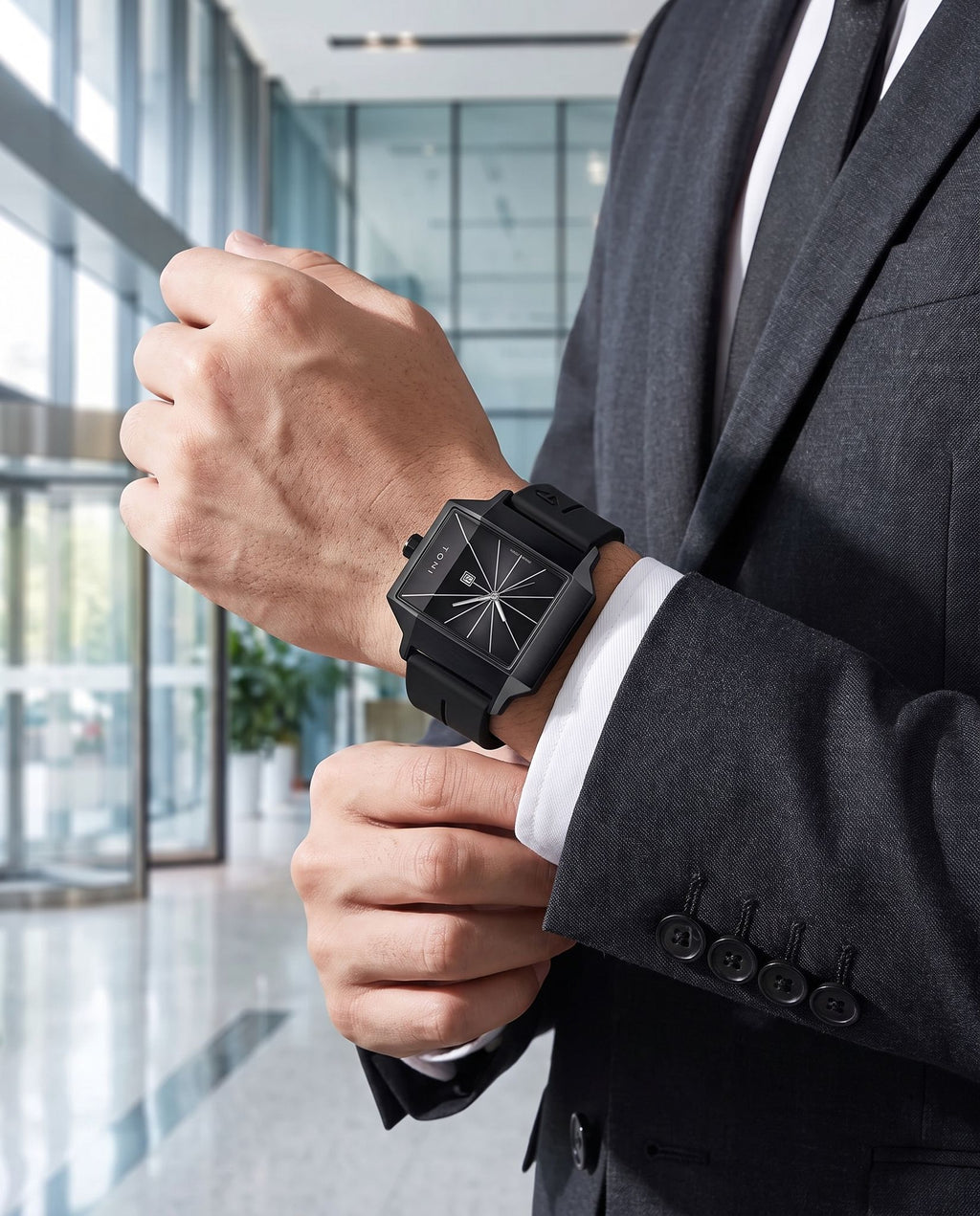 AWC Square Silicone Quartz worn with a suit