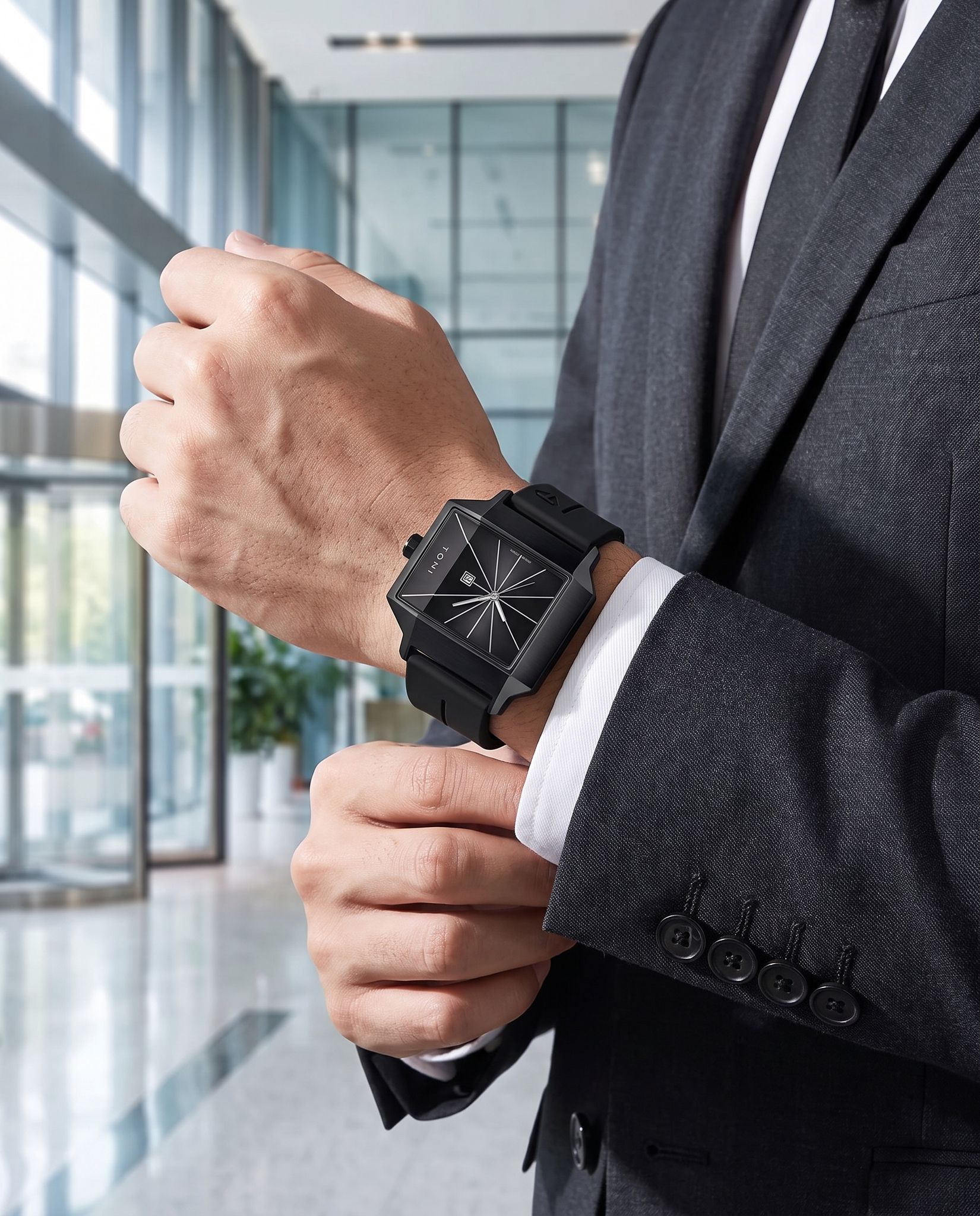 AWC Square Silicone Quartz worn with a suit