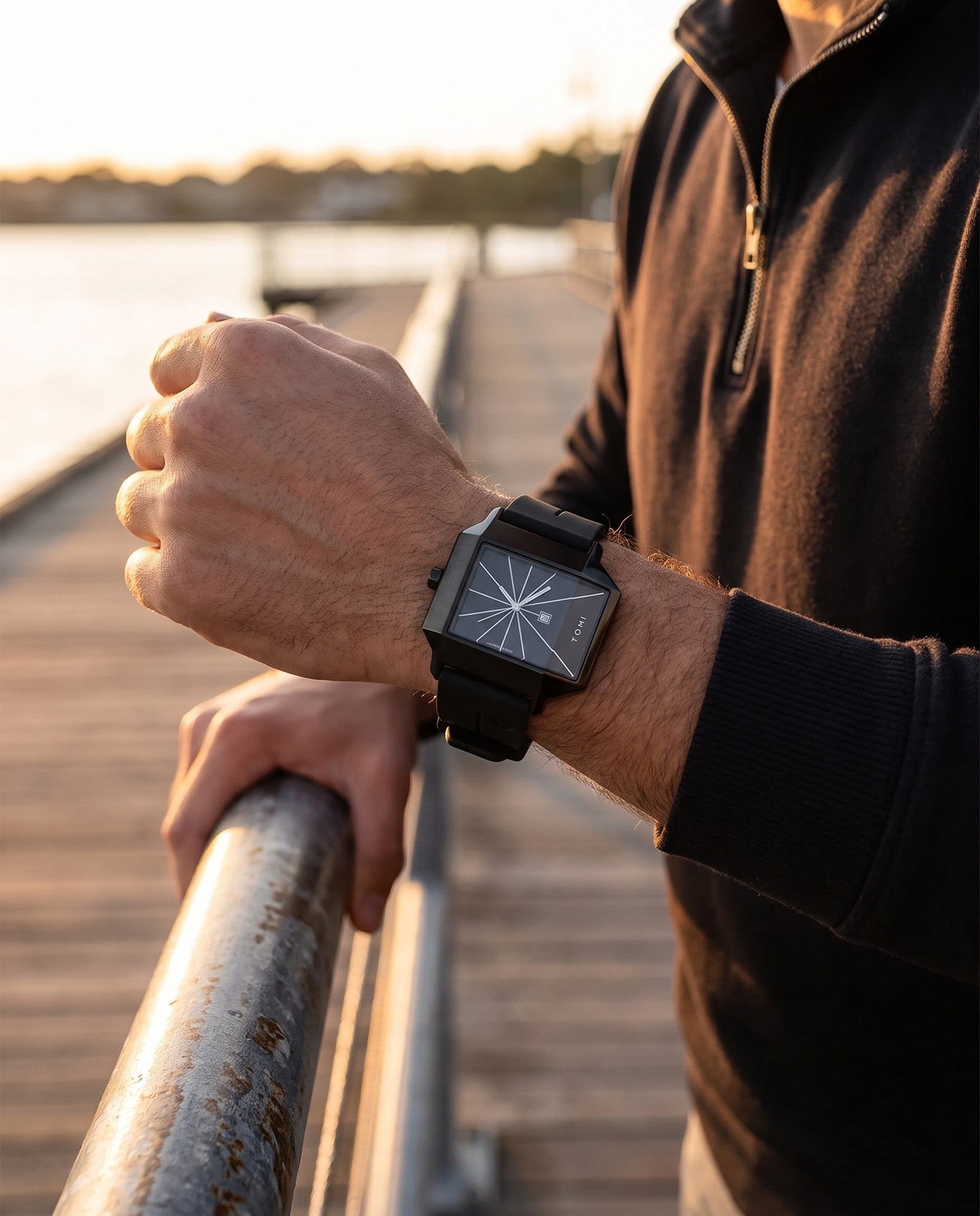 AWC Square Silicone Quartz outdoor golden hour wrist shot