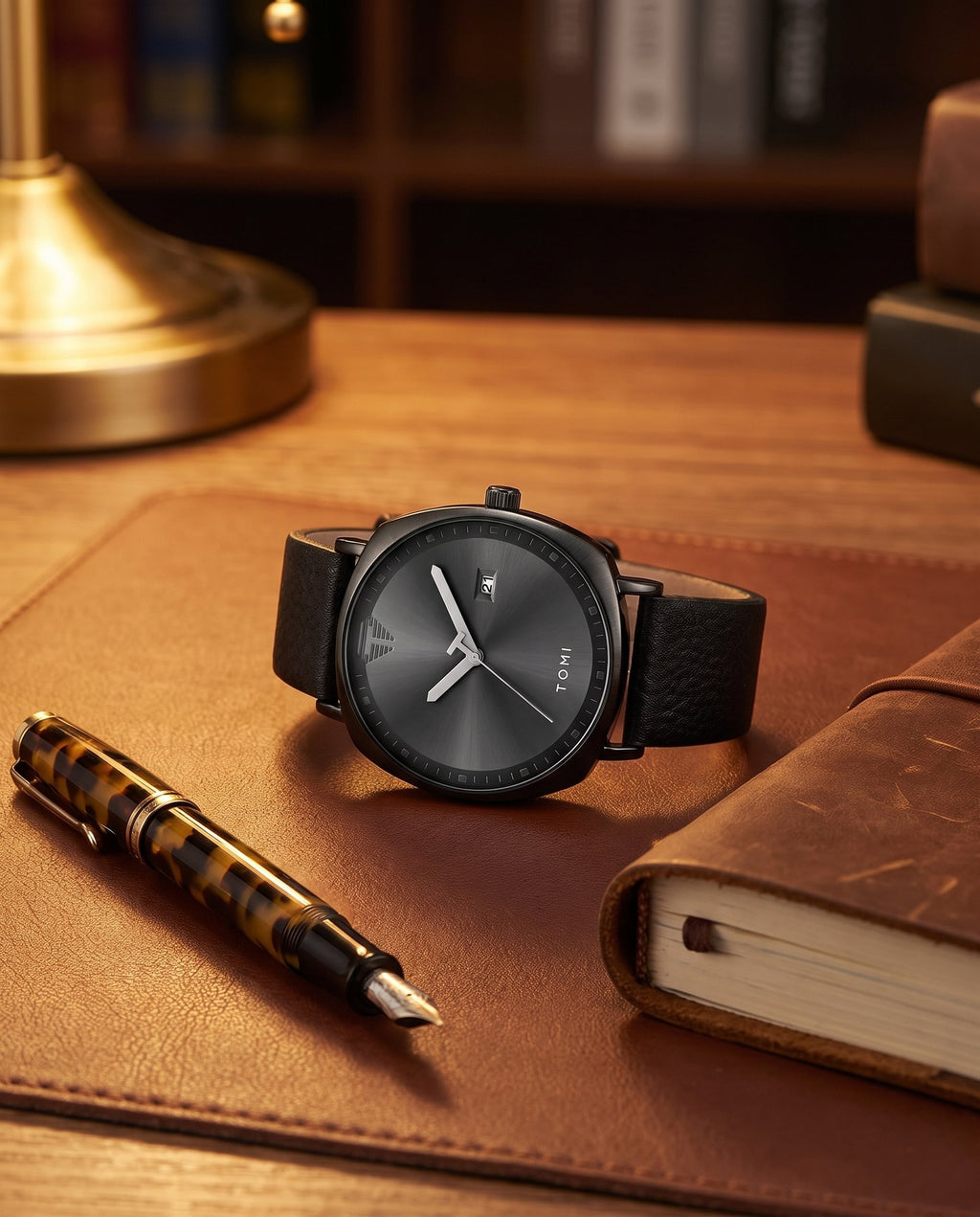 AWC Square PU Strap Quartz on a desk mat