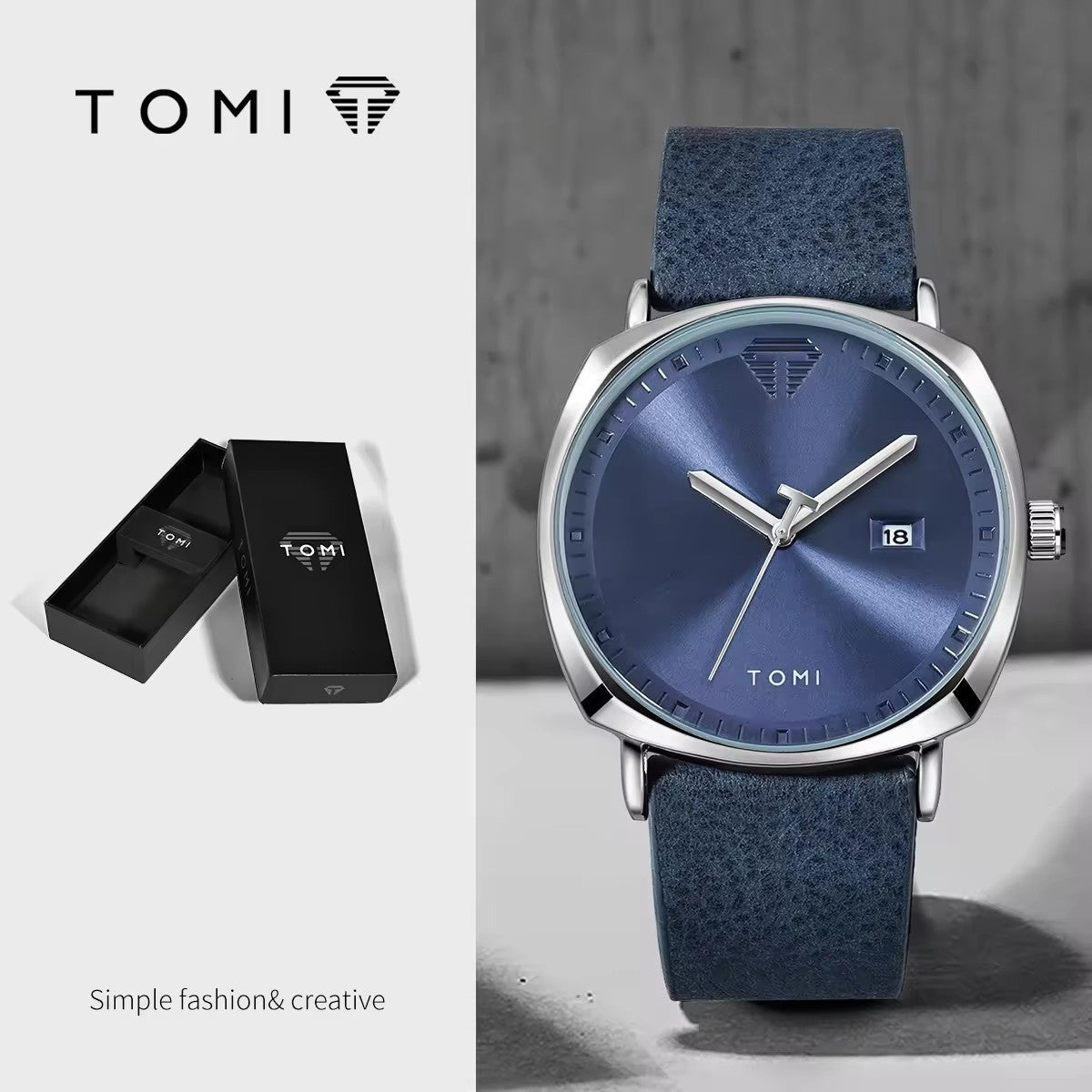 TOMI Square Quartz Dress Watch, PU Strap