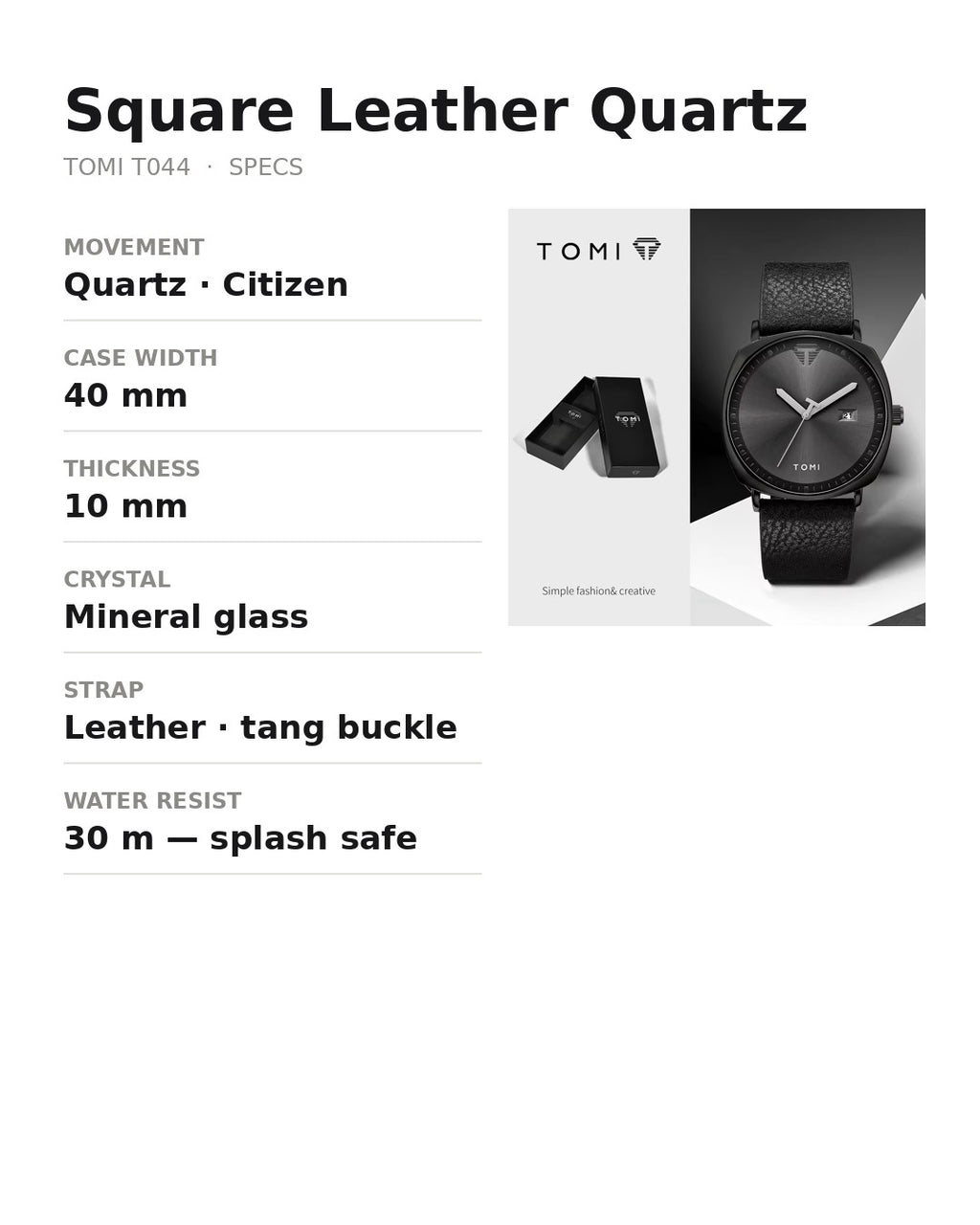AWC Square PU Strap Quartz spec card