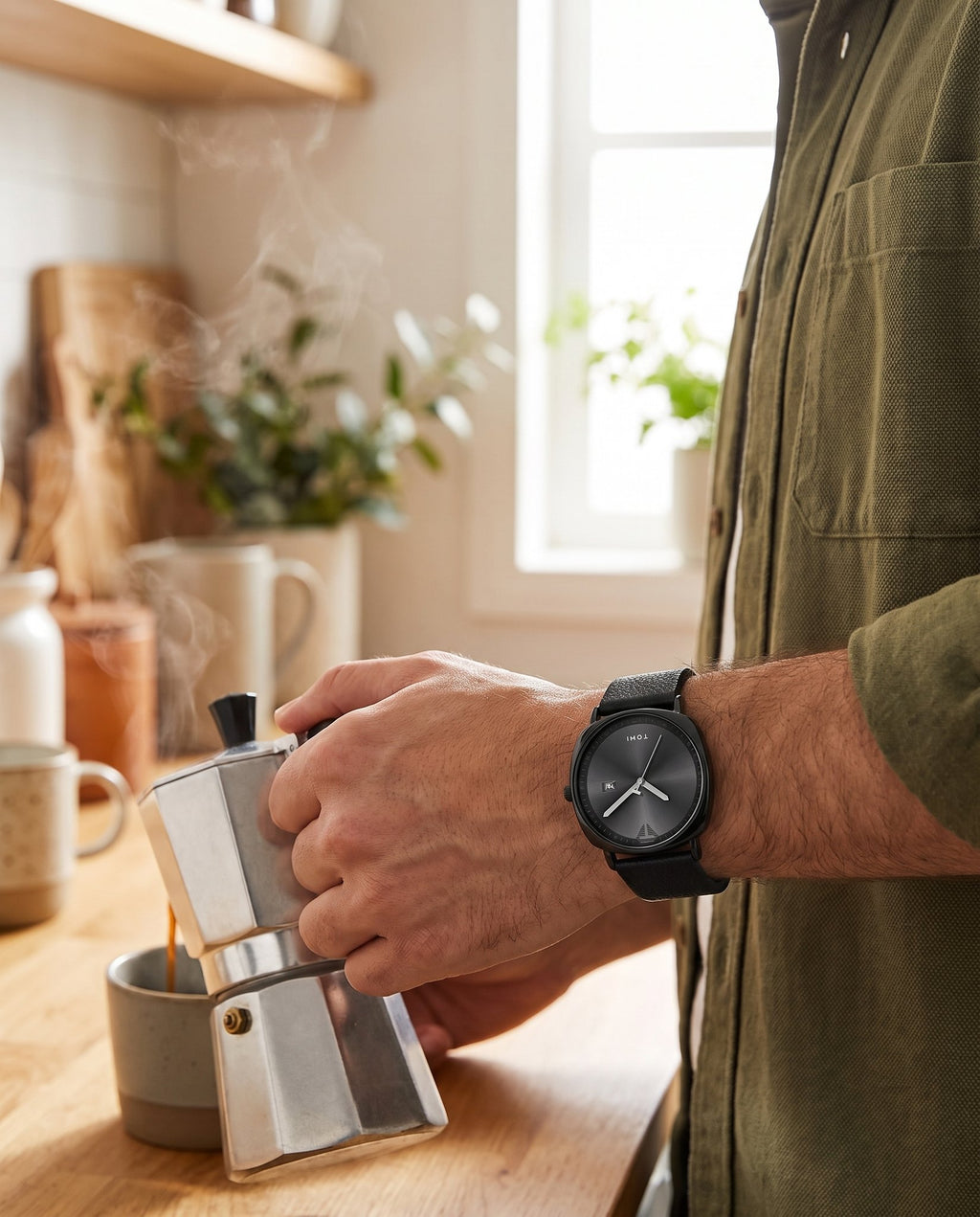 AWC Square PU Strap Quartz weekend coffee wrist shot