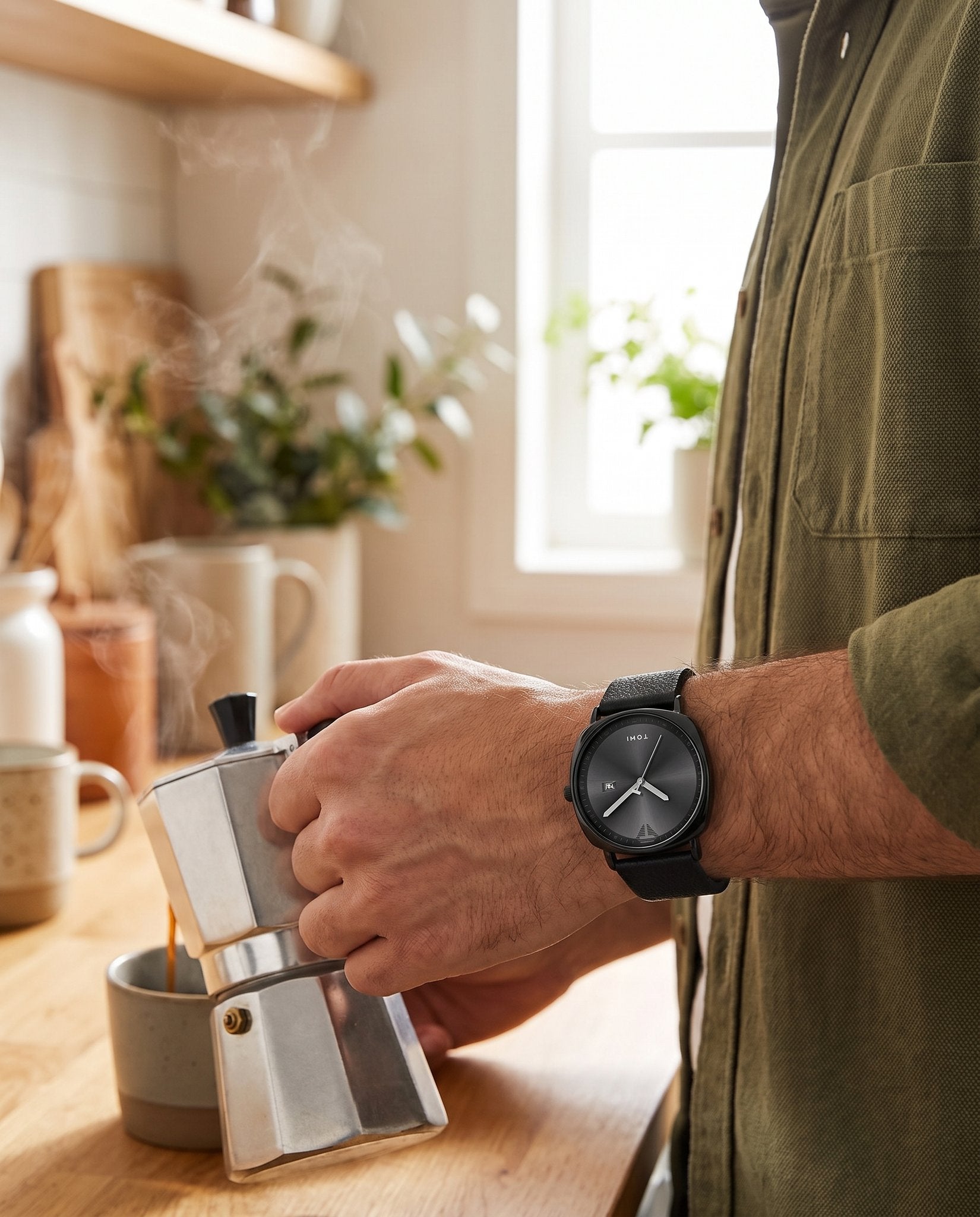 AWC Square PU Strap Quartz weekend coffee wrist shot