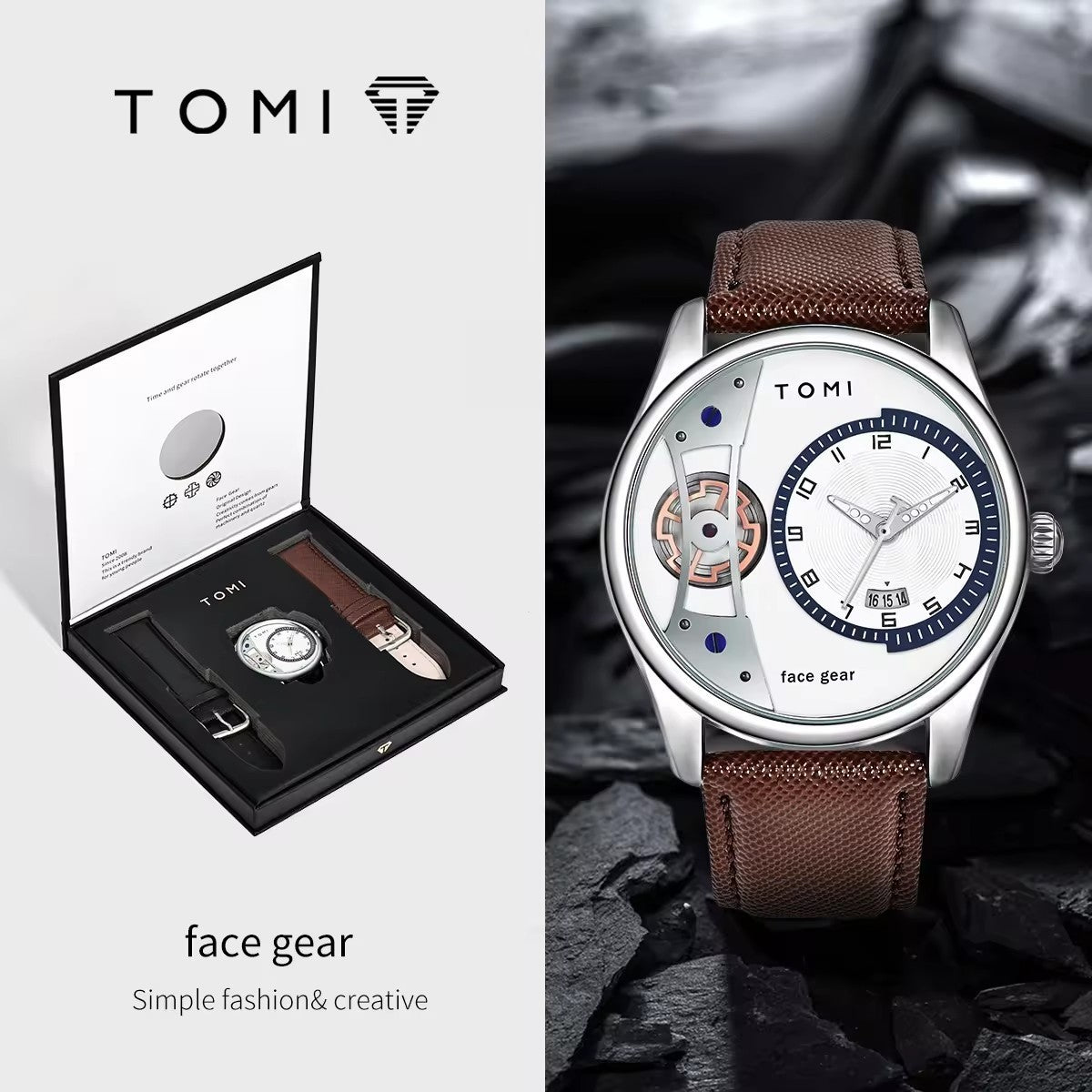 Silver case white dial brown band - gift boxed