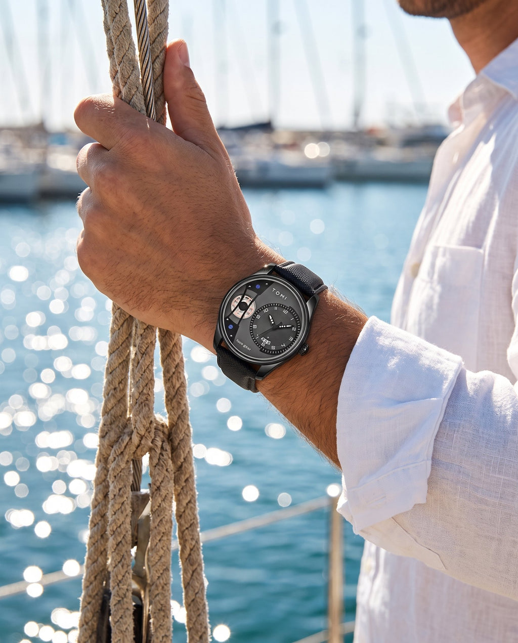 AWC Face Gear Quartz sailboat harbor wrist shot