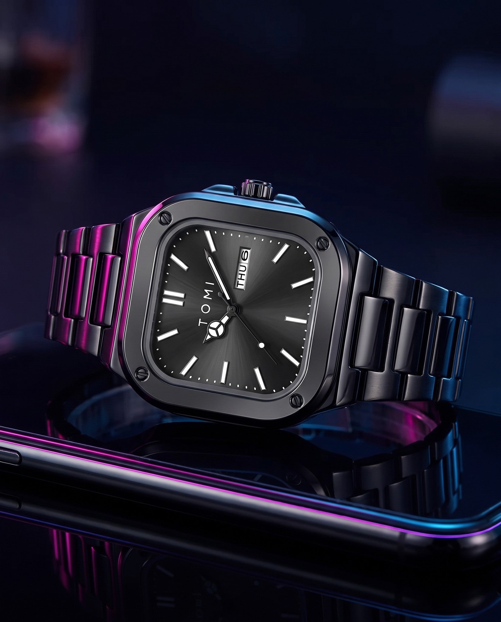 AWC Square Steel Quartz on piano black with neon