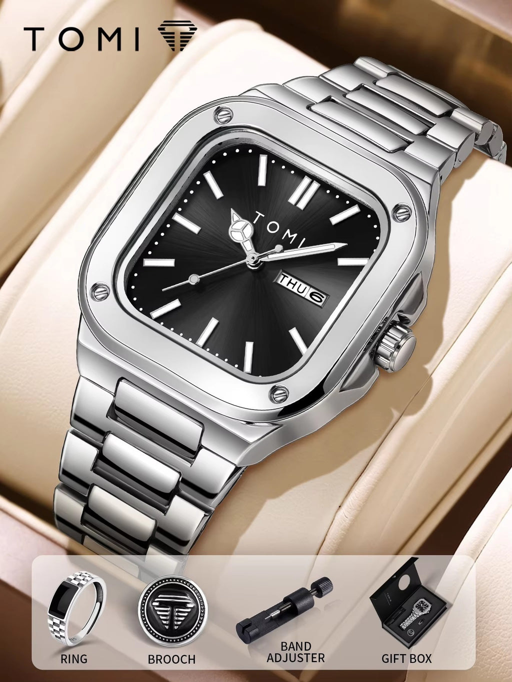 Silver case black dial silver band