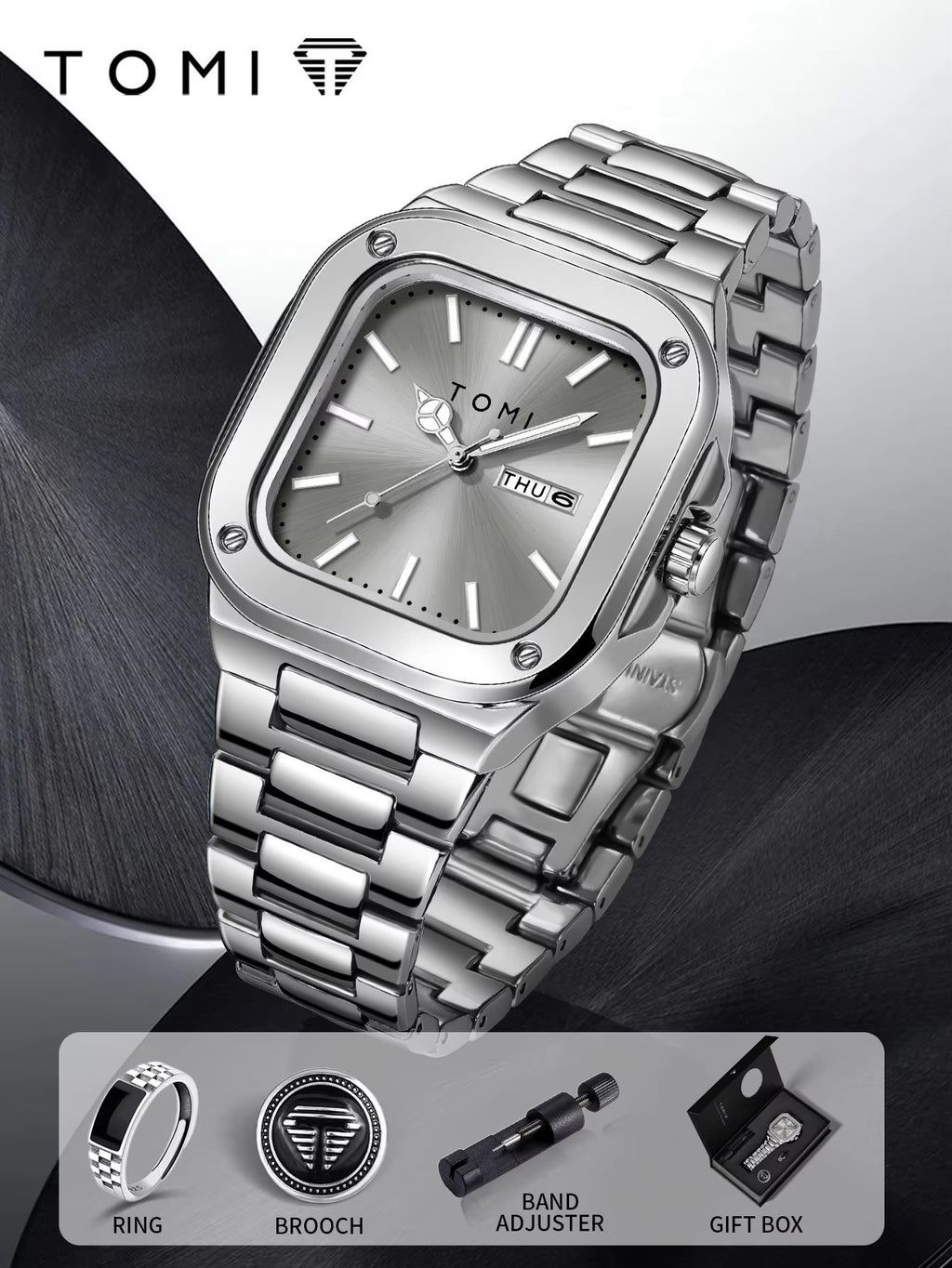 Silver case grey dial silver band