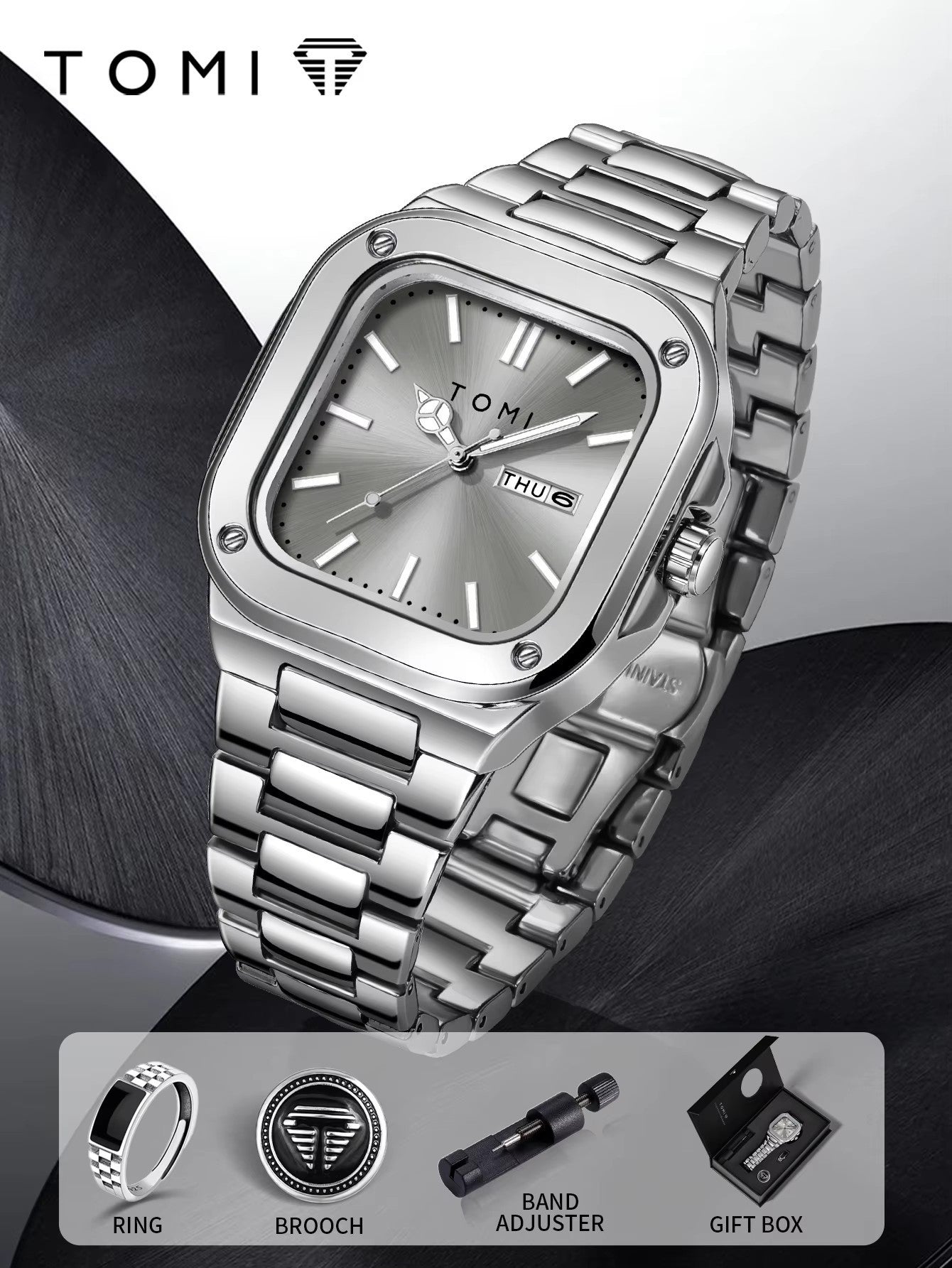 Silver case grey dial silver band