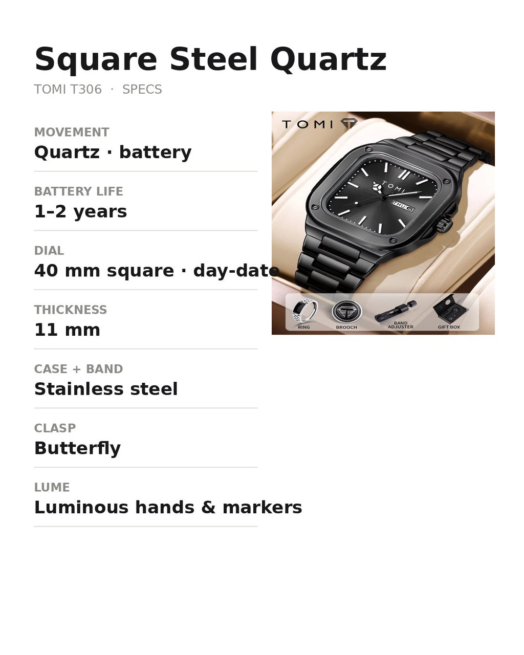 AWC Square Steel Quartz spec card