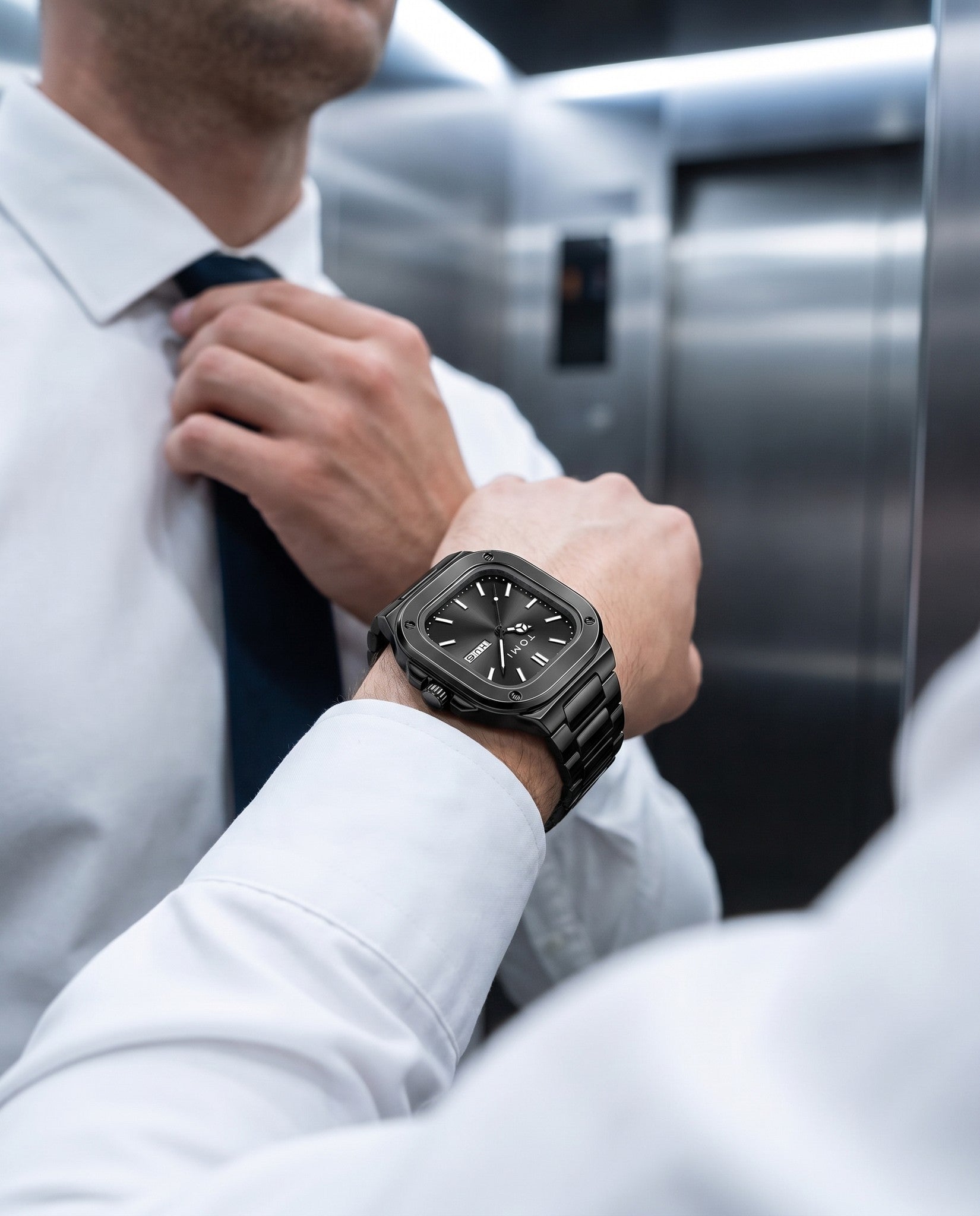 AWC Square Steel Quartz elevator tie wrist shot