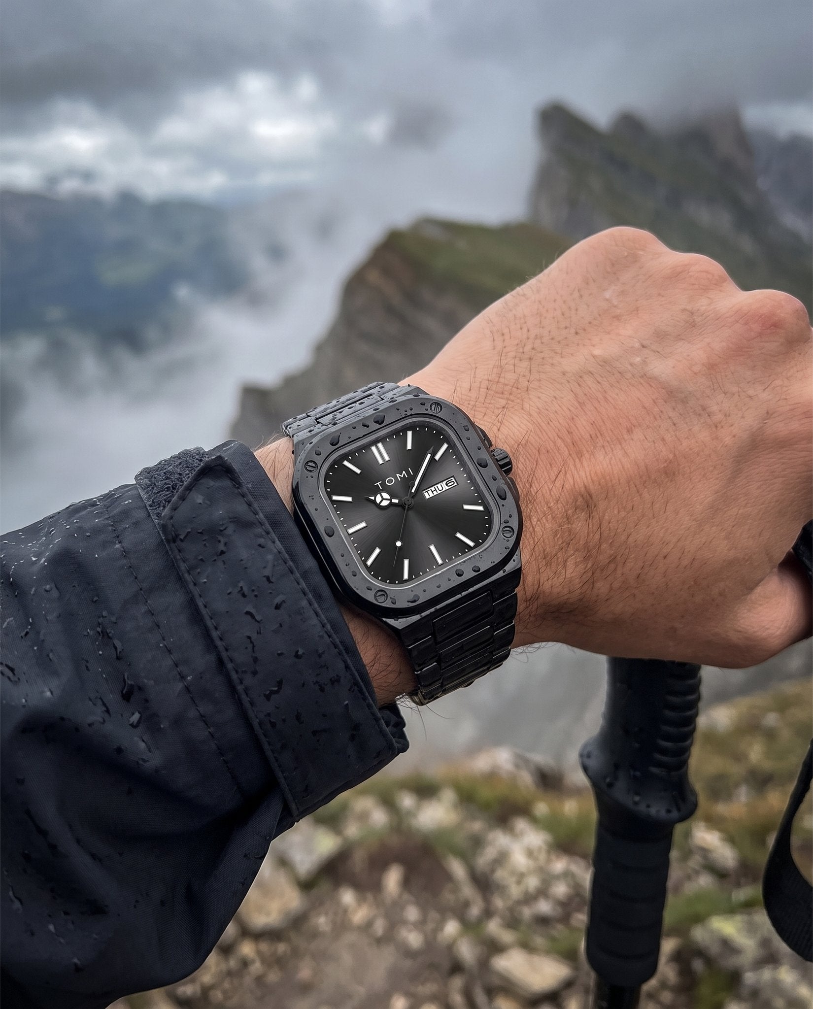 AWC Square Steel Quartz mountain overlook wrist shot