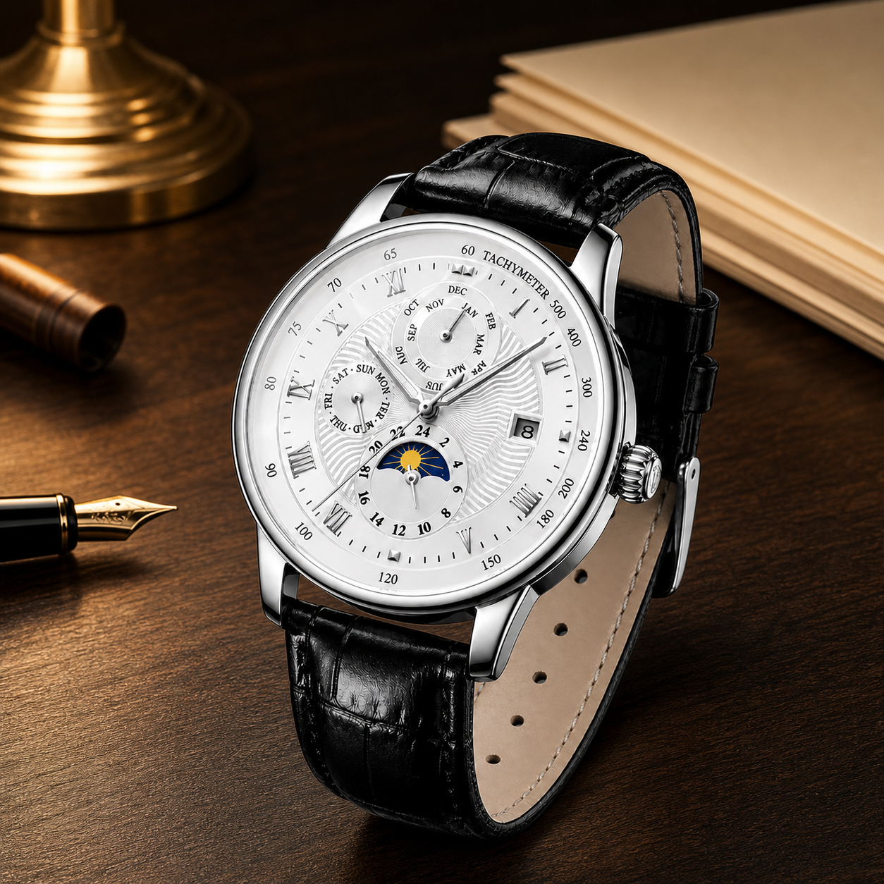 TEVISE 867A silver-white automatic multi-display watch on an evening writing desk