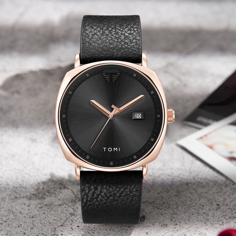 TOMI black dial and gold case quartz watch with black leather strap product view