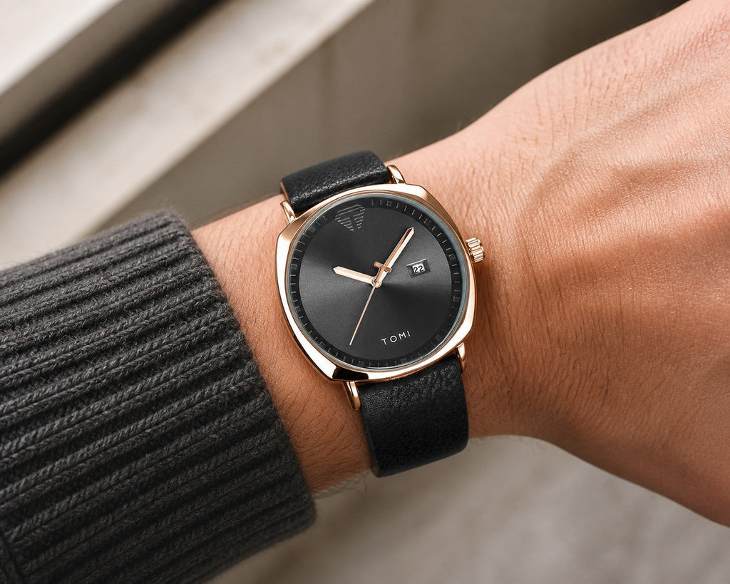 TOMI black dial and gold case quartz watch worn on the wrist