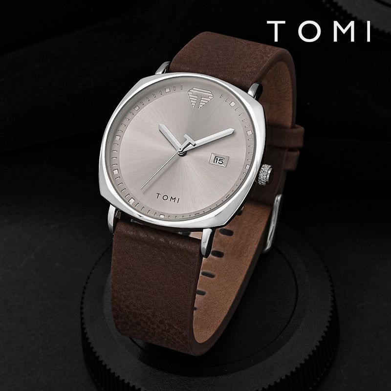 TOMI silver dial and silver case quartz watch with brown leather strap angled product view