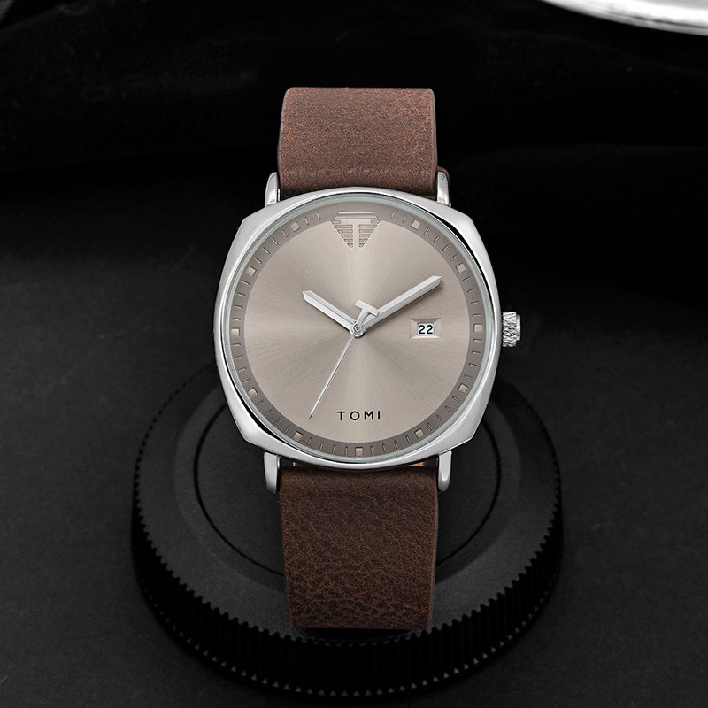 TOMI silver dial and silver case quartz watch with brown leather strap front product view