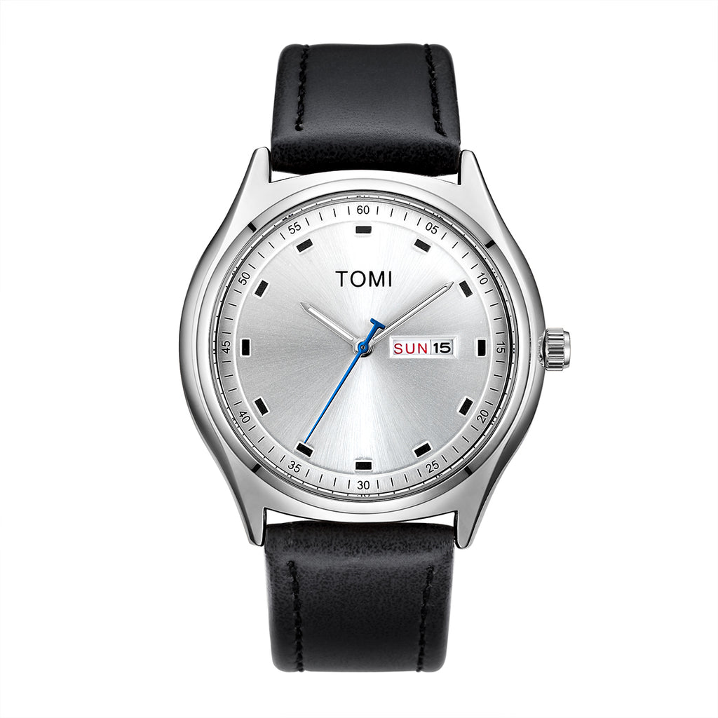 TOMI minimalist calendar quartz watch, Black Silver style