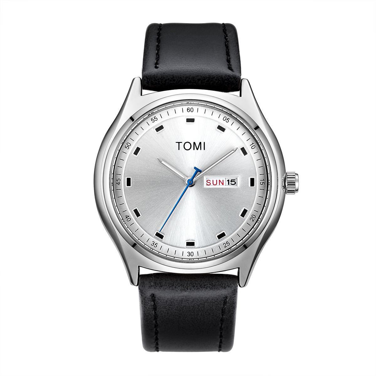 TOMI minimalist calendar quartz watch, Black Silver style