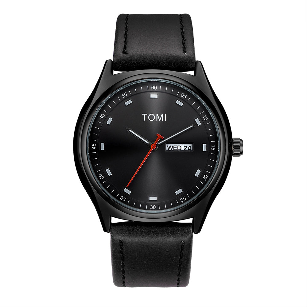 TOMI minimalist calendar quartz watch, Black style