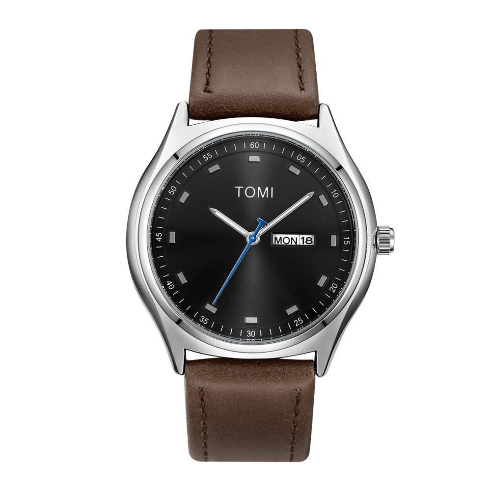 TOMI minimalist calendar quartz watch, Brown Silver style
