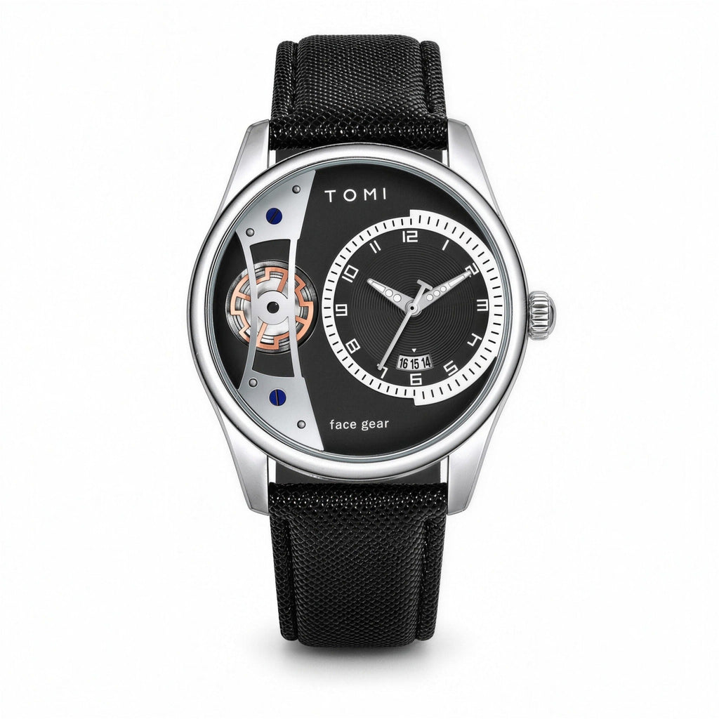 TOMI face-gear quartz watch, 42mm, silver case with exposed gear dial and black strap
