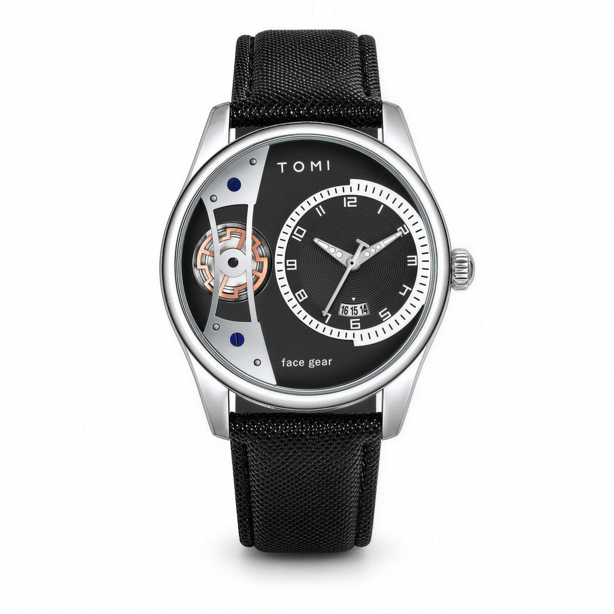 TOMI face-gear quartz watch, 42mm, silver case with exposed gear dial and black strap