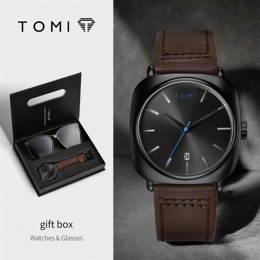 TOMI gift box set - black case, black dial, brown leather strap, with sunglasses