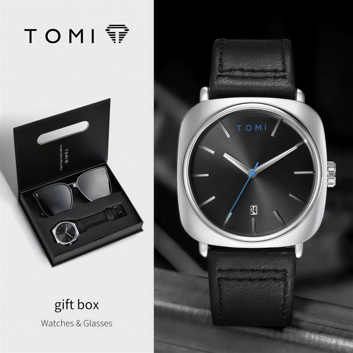 TOMI gift box set - silver case, black dial, black leather strap, with sunglasses
