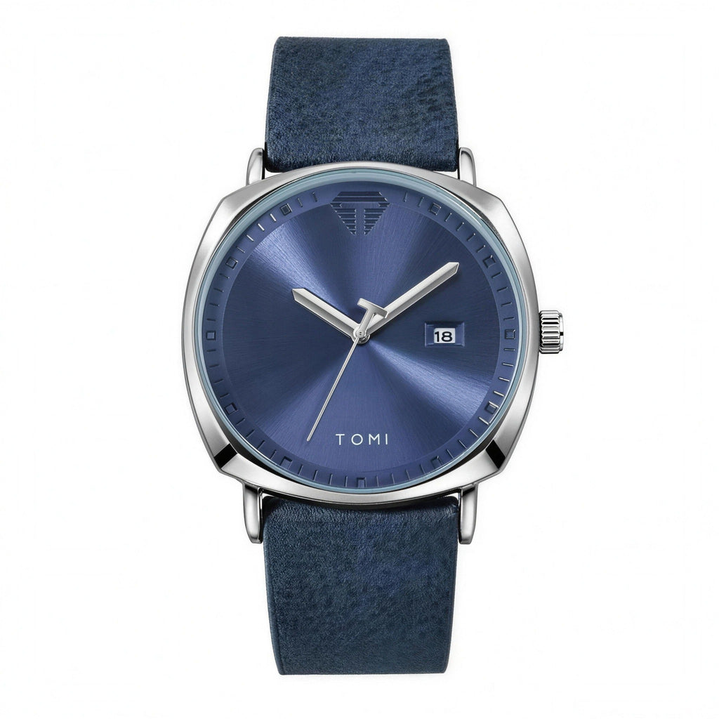 TOMI minimalist calendar quartz watch, blue sunburst dial, silver case, blue strap