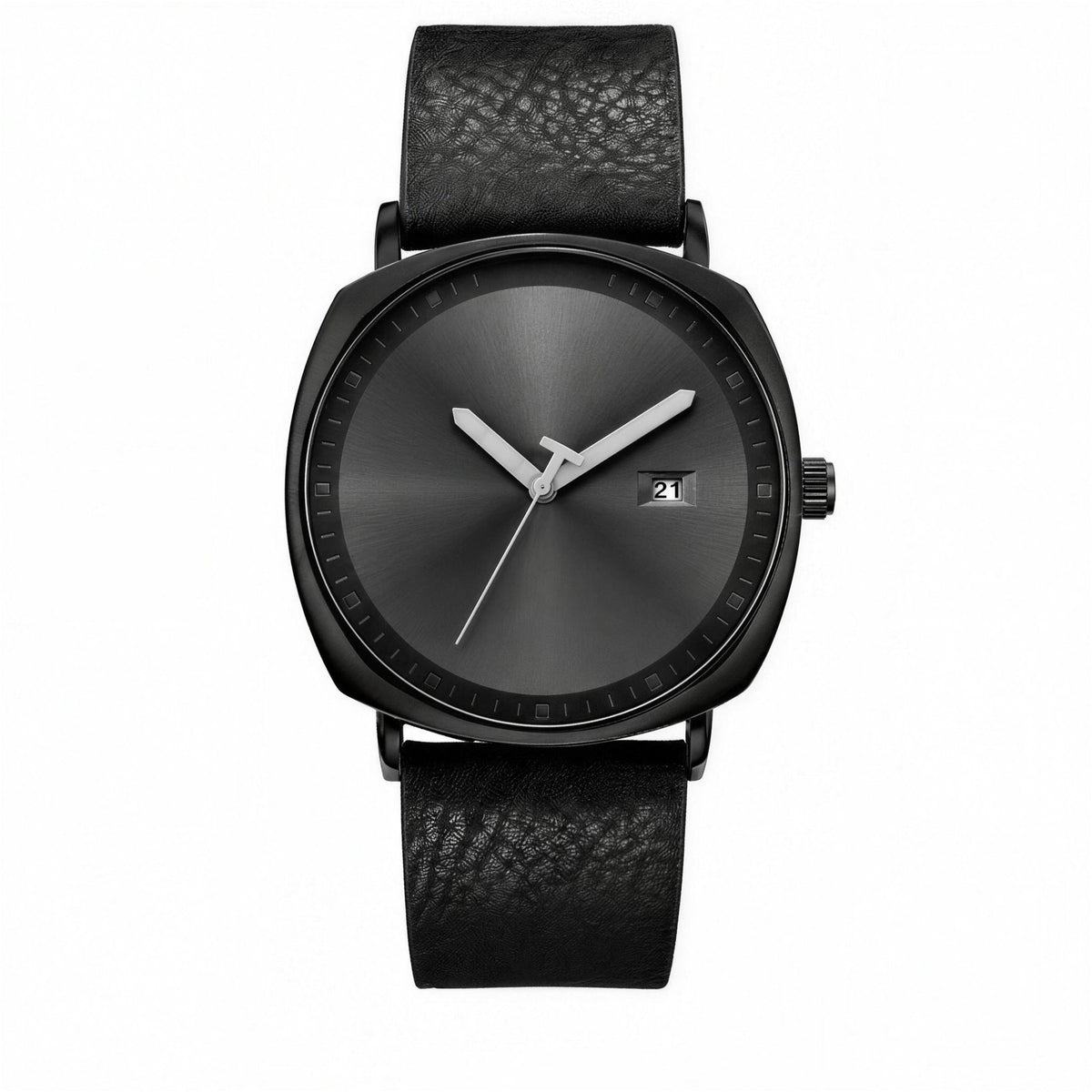 TOMI square-case quartz dress watch with black dial and black leather strap