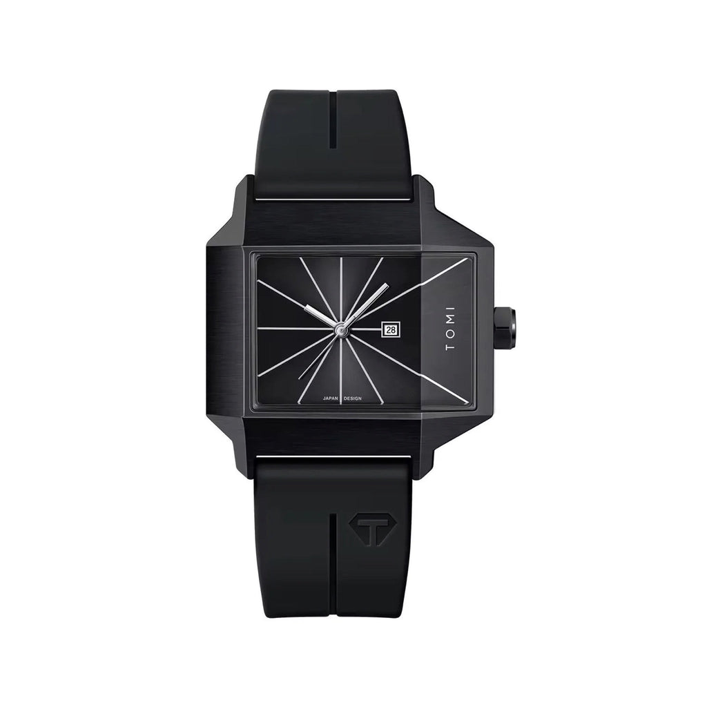 TOMI T021 Square Silicone Quartz Watch, all black on pure white