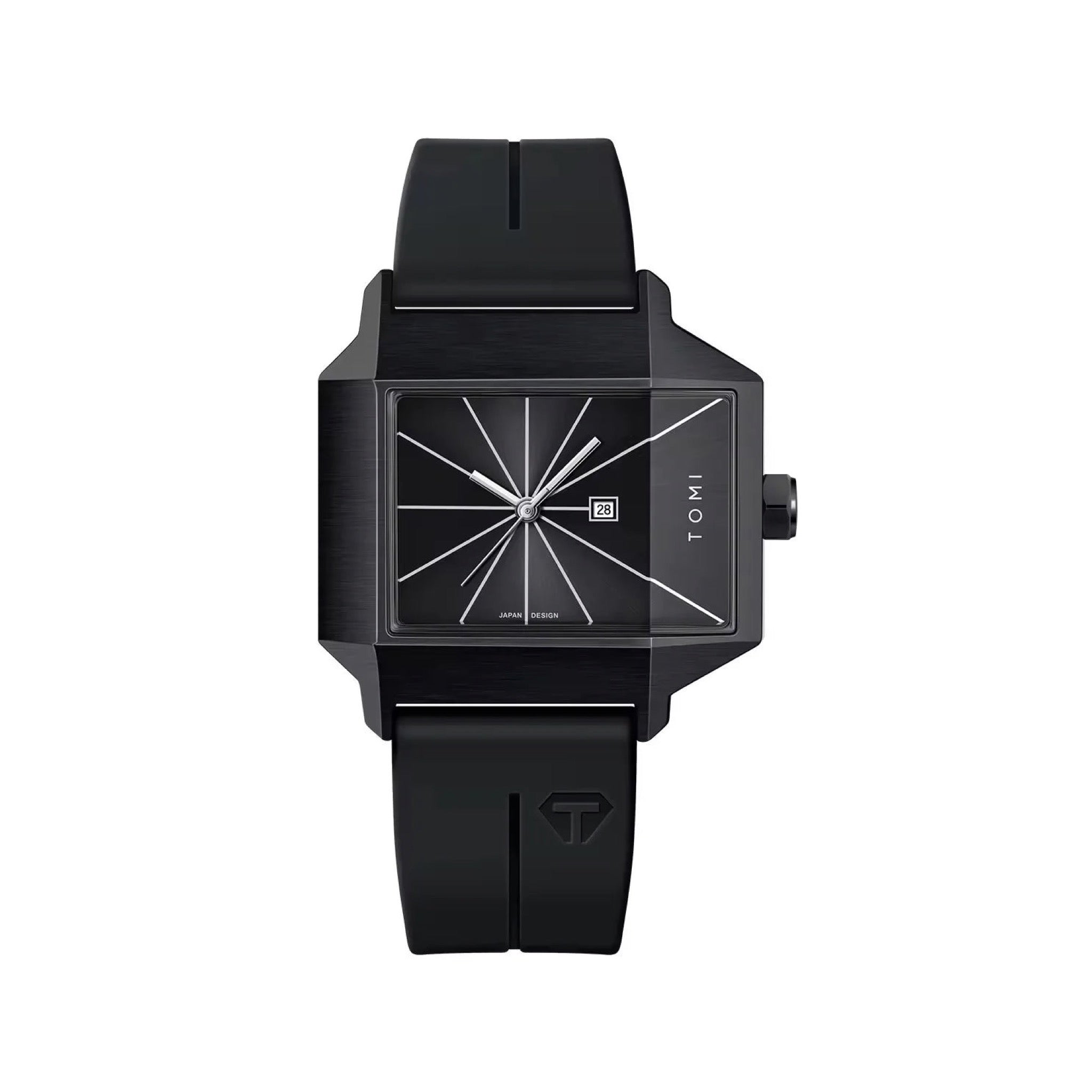 TOMI T021 Square Silicone Quartz Watch, all black on pure white
