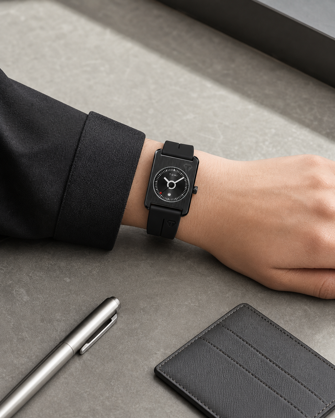 TOMI all-black TV-dial watch worn at a stone desk