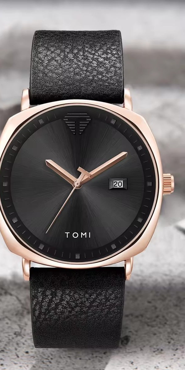 TOMI square quartz dress watch rose gold case black dial black band